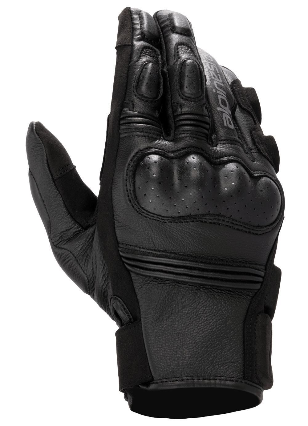 Alpinestars Stella Phenom Leather Air Glove, luvas de motociclismo para mulher, pretas, vista do dorso com destaque para a proteção rígida e perfurada nos nós dos dedos, articulações dos dedos almofadadas e textura de pele premium.