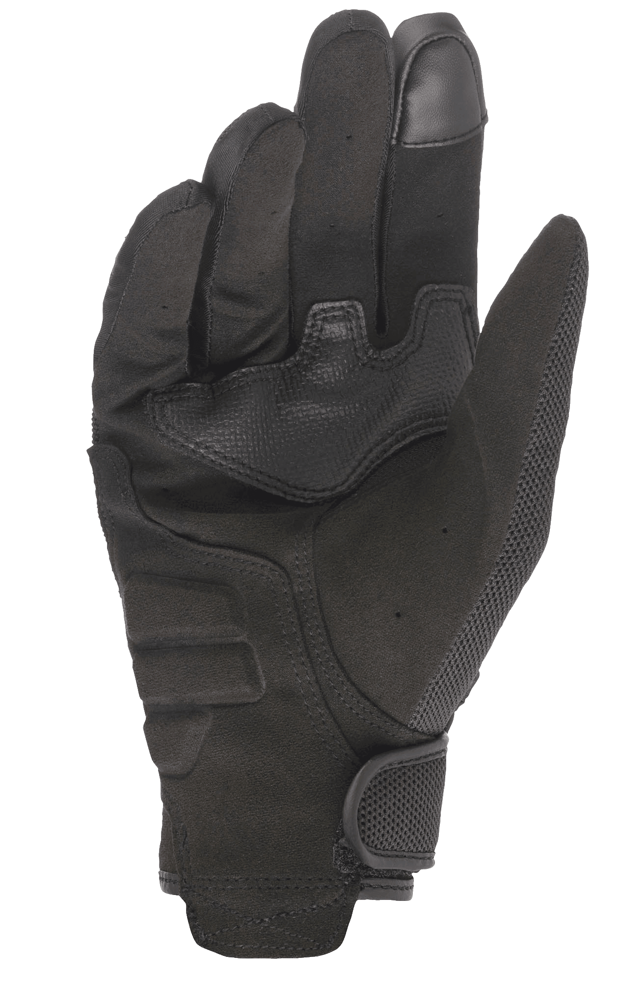 Luvas de motociclismo para mulher Alpinestars Stella Copper, pretas, vista da palma com construção em camurça sintética e reforços, ponta do dedo indicador compatível com ecrãs táteis e punho curto com fecho de gancho e laço ajustável.