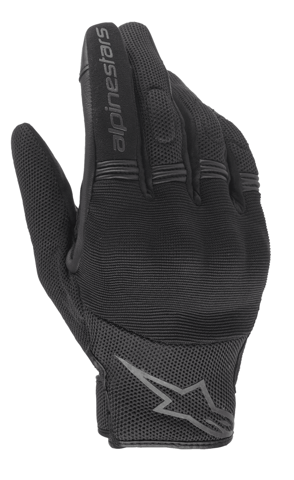 Luvas Stella Copper Femininas Alpinestars, luvas de motociclismo urbanas pretas, vista das costas da mão com proteção rígida nos nós dos dedos, tecido de malha respirável e logótipo Alpinestars no dedo indicador e no pulso