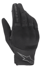 Luvas Stella Copper Femininas Alpinestars, luvas de motociclismo urbanas pretas, vista das costas da mão com proteção rígida nos nós dos dedos, tecido de malha respirável e logótipo Alpinestars no dedo indicador e no pulso