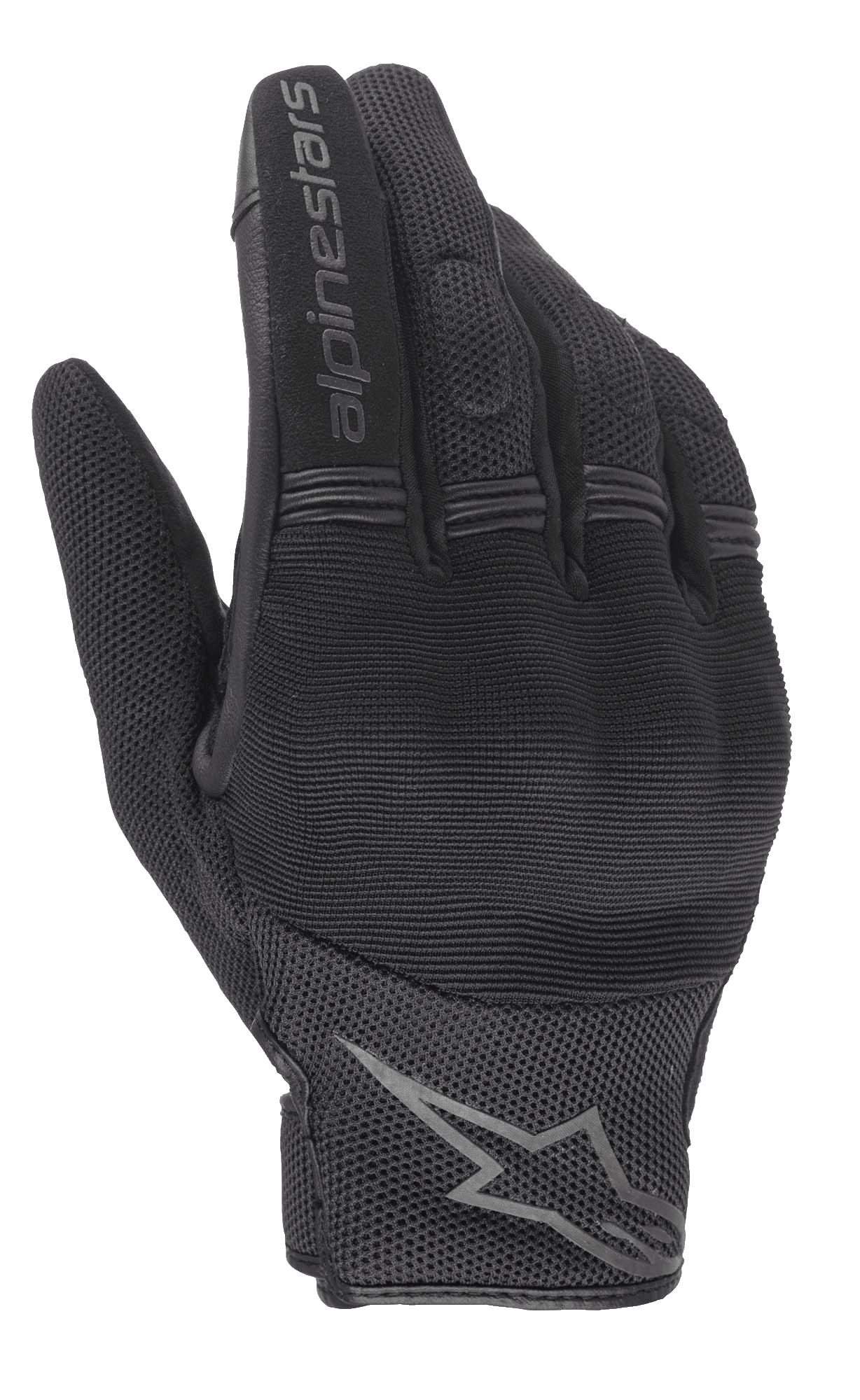 Luvas Stella Copper Femininas Alpinestars, luvas de motociclismo urbanas pretas, vista das costas da mão com proteção rígida nos nós dos dedos, tecido de malha respirável e logótipo Alpinestars no dedo indicador e no pulso