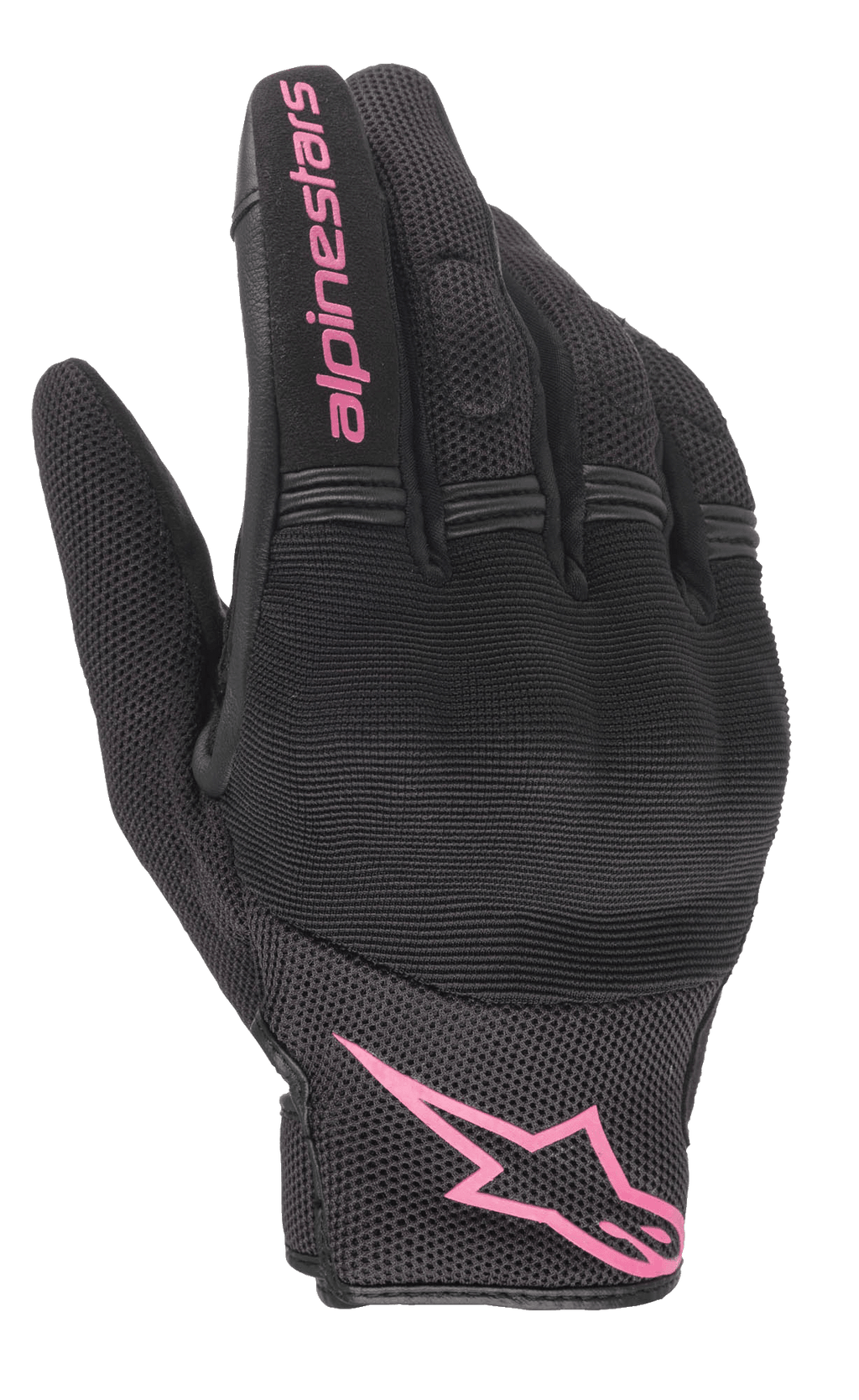 Luvas Alpinestars Stella Copper, luvas de motociclismo para mulher, pretas e fúcsia, logótipo Alpinestars cor-de-rosa no pulso e texto no dedo, design em malha e têxtil com zona dos nós dos dedos acolchoada, equipamento para condução urbana
