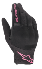 Luvas Alpinestars Stella Copper, luvas de motociclismo para mulher, pretas e fúcsia, logótipo Alpinestars cor-de-rosa no pulso e texto no dedo, design em malha e têxtil com zona dos nós dos dedos acolchoada, equipamento para condução urbana