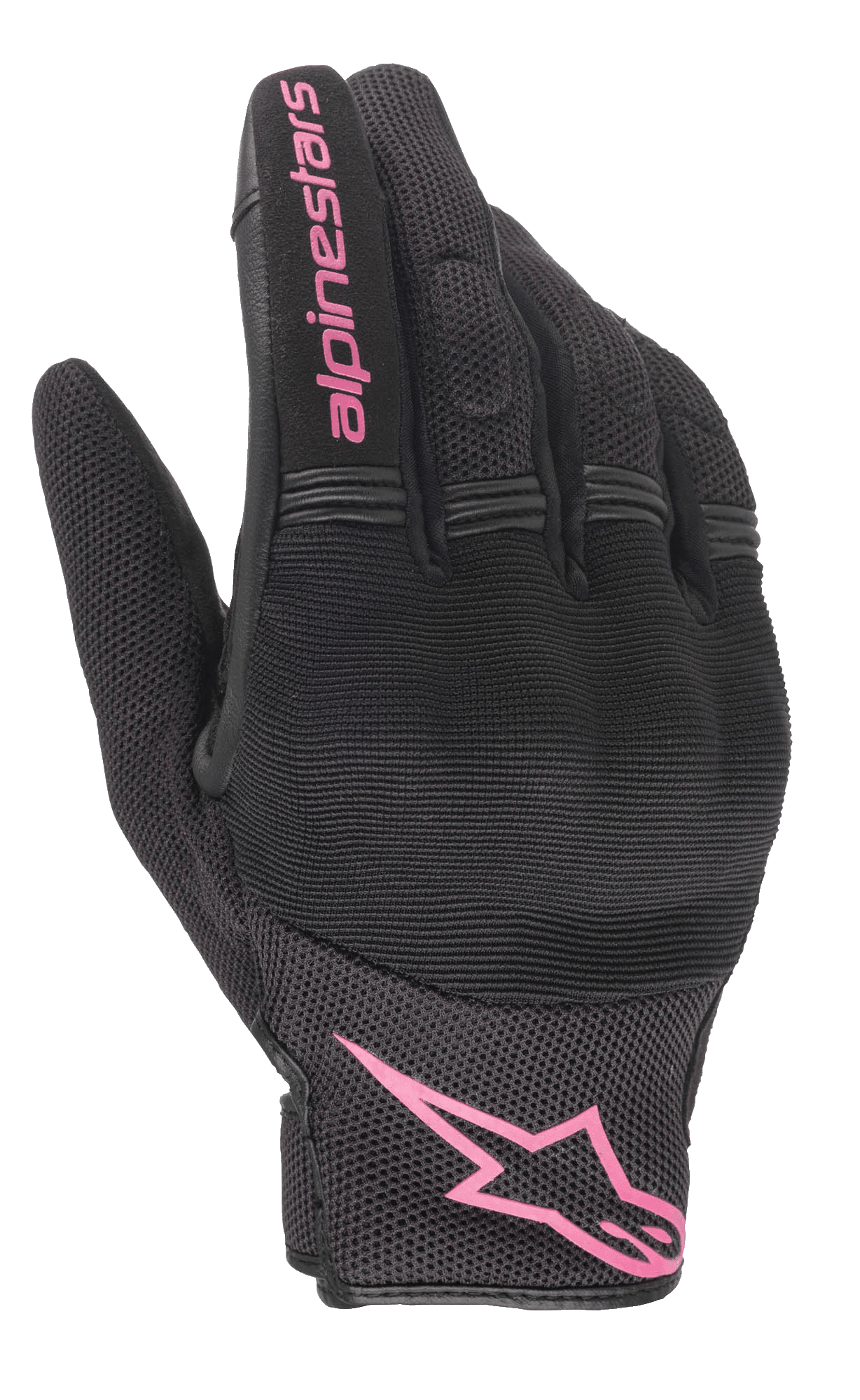 Luvas Alpinestars Stella Copper, luvas de motociclismo para mulher, pretas e fúcsia, logótipo Alpinestars cor-de-rosa no pulso e texto no dedo, design em malha e têxtil com zona dos nós dos dedos acolchoada, equipamento para condução urbana