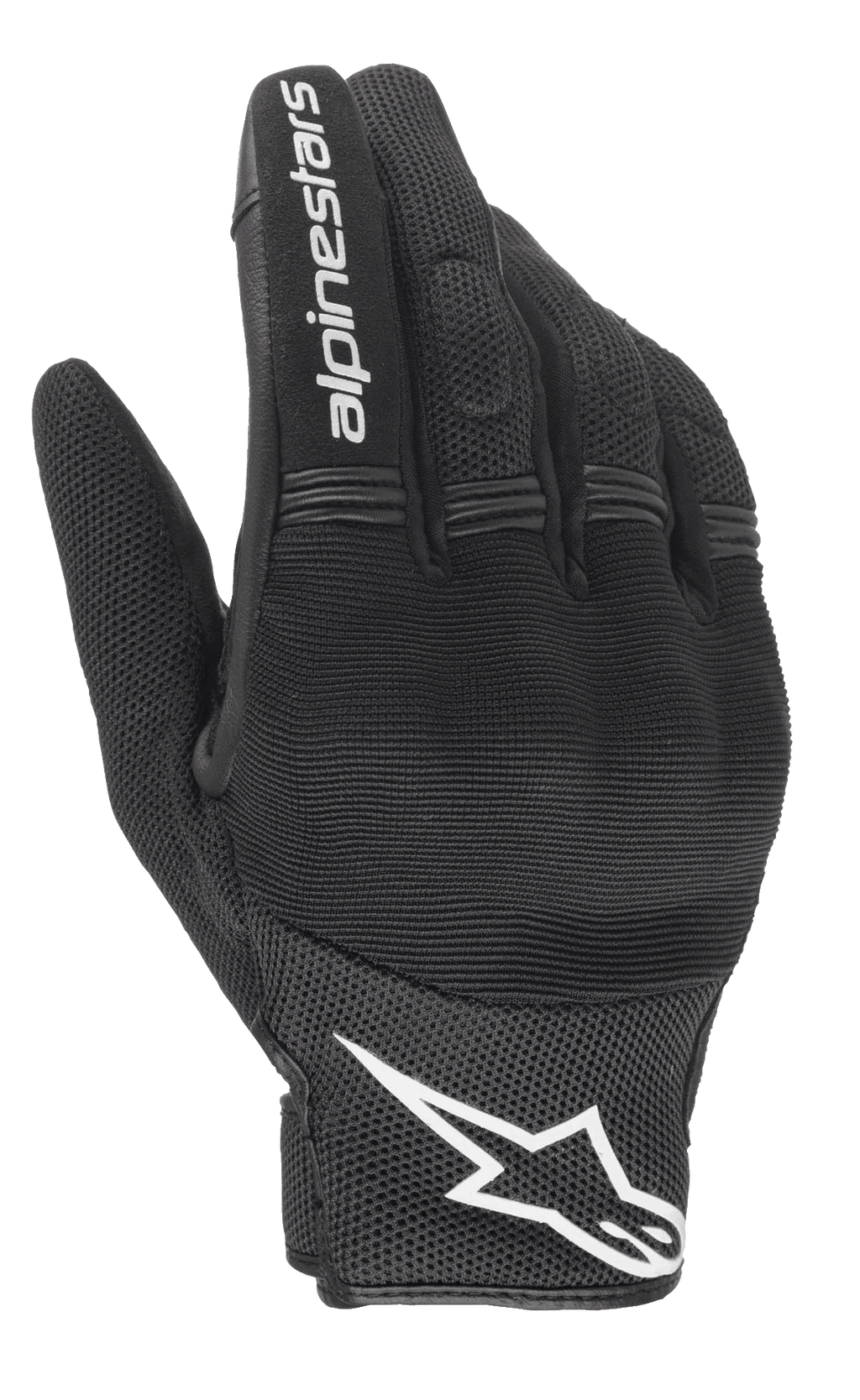 Alpinestars Stella Copper Women's Gloves, Black and White, backhand view featuring mesh construction with hard knuckle protection under spandex, white Alpinestars wordmark on the index finger and logo on the wrist, short cuff urban motorcycle gear.