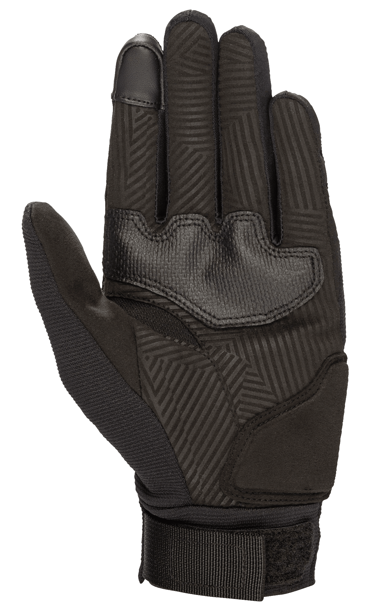 Alpinestars Women Stella Reef Gloves, Motorcycle Gloves, Black, palm side view featuring synthetic suede with geometric grip pattern, reinforced palm pads, and adjustable webbing wrist strap for urban riding comfort