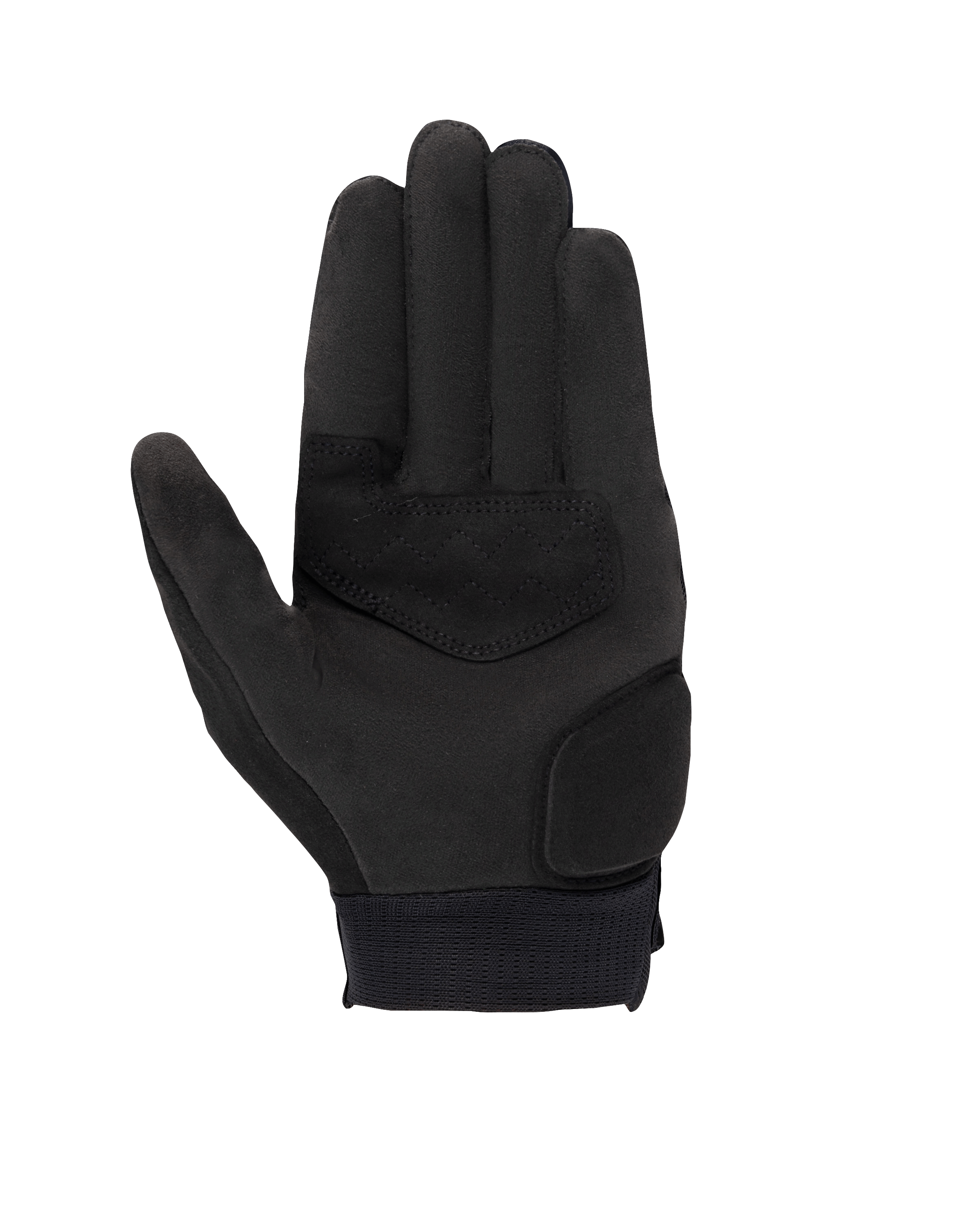 Alpinestars Stated Women's Gloves, Black, palm view showing synthetic suede material, reinforced palm and thumb areas, touchscreen-compatible fingertips, and elastic wrist cuff, urban motorcycle riding gear