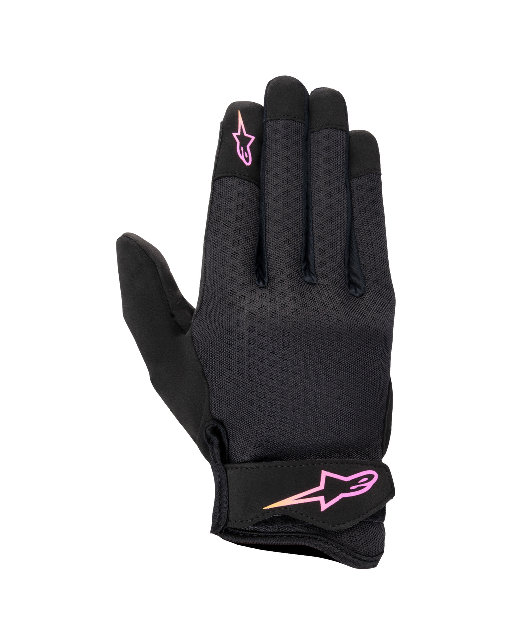 Luvas Alpinestars Stated para Mulher, luvas de motociclismo urbanas, pretas com logótipo em degradê rosa e amarelo, dorso em airprene texturizado, fecho de velcro no pulso, equipamento de verão leve e respirável