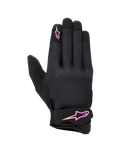 Luvas Alpinestars Stated para Mulher, luvas de motociclismo urbanas, pretas com logótipo em degradê rosa e amarelo, dorso em airprene texturizado, fecho de velcro no pulso, equipamento de verão leve e respirável