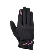 Luvas Alpinestars Stated para Mulher, luvas de motociclismo urbanas, pretas com logótipo em degradê rosa e amarelo, dorso em airprene texturizado, fecho de velcro no pulso, equipamento de verão leve e respirável