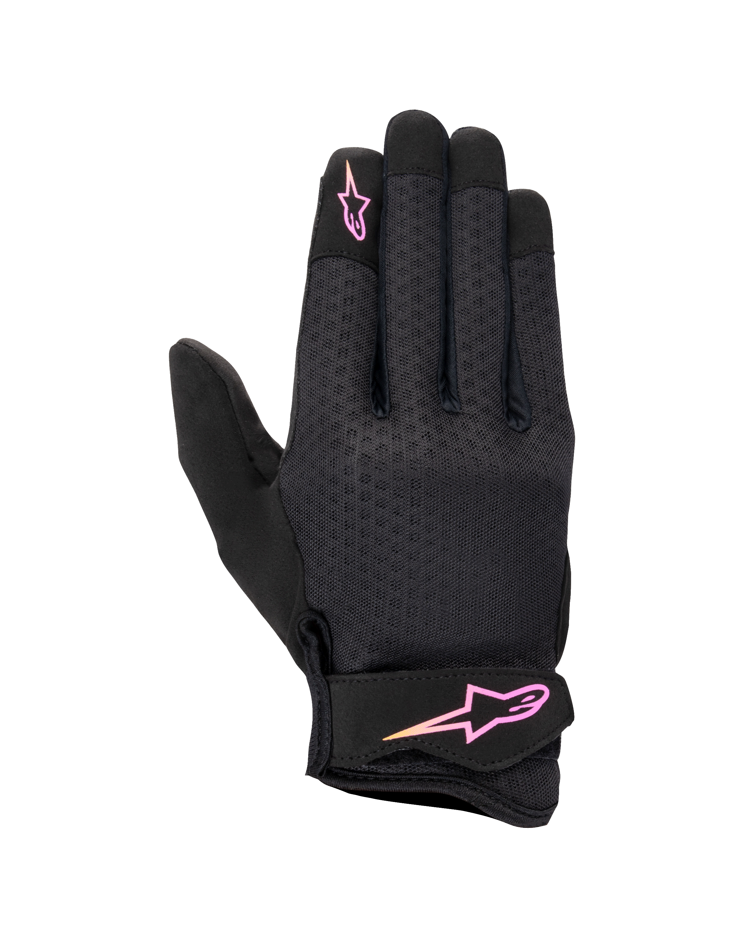 Luvas Alpinestars Stated para Mulher, luvas de motociclismo urbanas, pretas com logótipo em degradê rosa e amarelo, dorso em airprene texturizado, fecho de velcro no pulso, equipamento de verão leve e respirável
