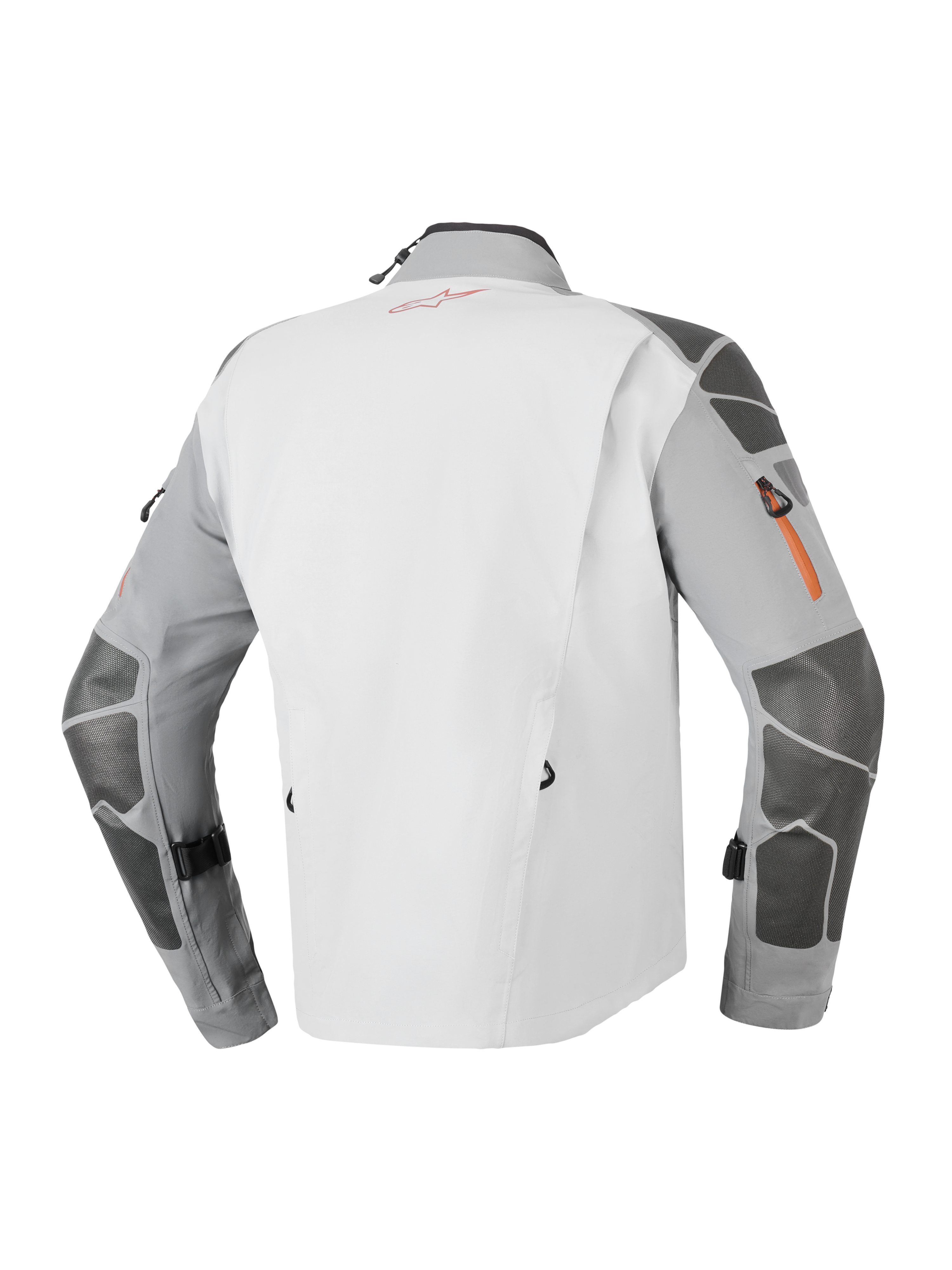 Alpinestars Nazca 3L GORE-TEX PRO Jacket, Adventure Motorcycle Jacket, Dark Gray and Mid Gray, rear view featuring Superfabric reinforcements on sleeves and shoulders, orange zipper detailing, and technical 3-layer laminated construction.