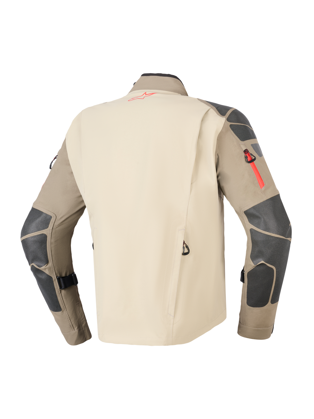 Casaco Alpinestars Nazca 3L GORE-TEX PRO, Walnut Rock Brown, vista traseira com painel traseiro bege e mangas castanhas, reforços em cinzento escuro nos ombros e cotovelos, detalhes de fecho e logótipo em vermelho, equipamento durável para motociclismo de aventura
