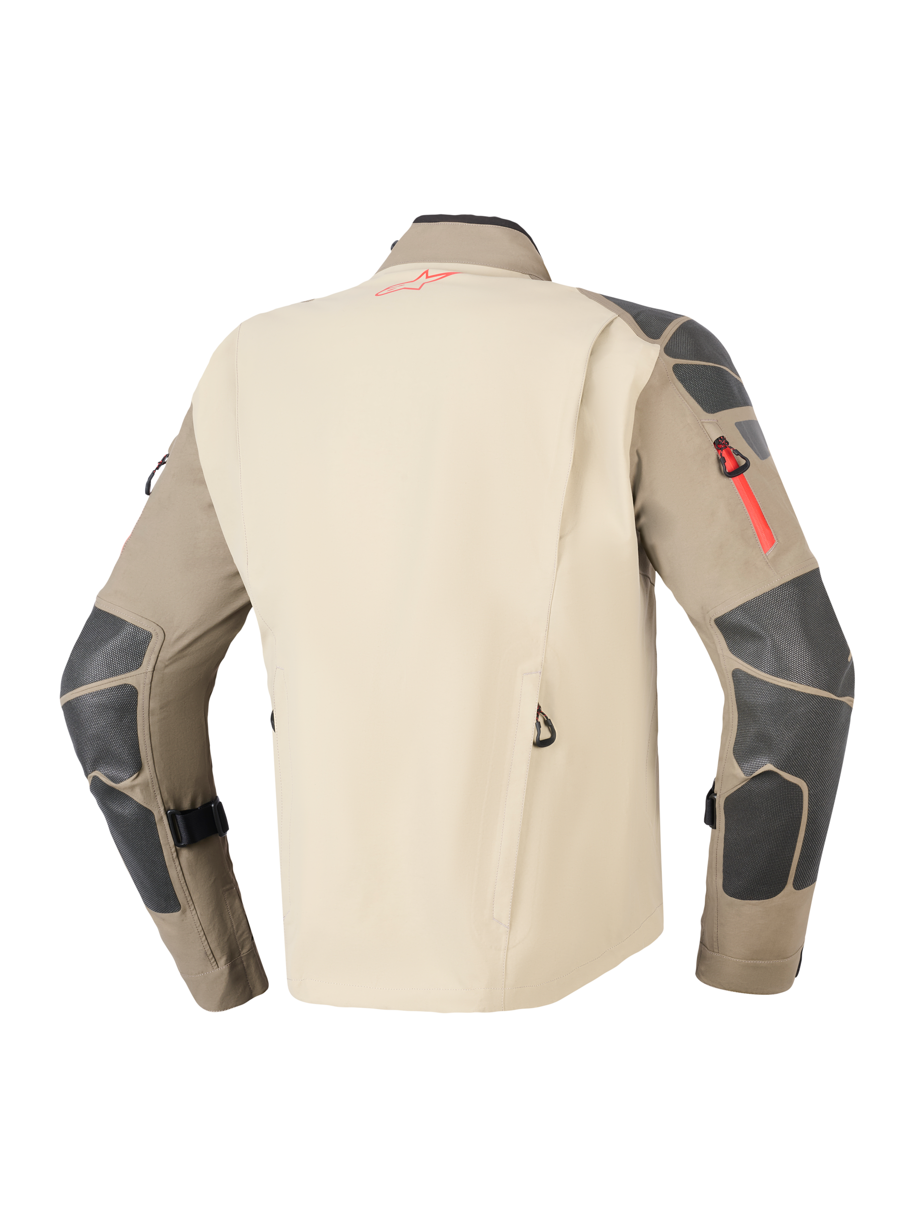 Casaco Alpinestars Nazca 3L GORE-TEX PRO, Walnut Rock Brown, vista traseira com painel traseiro bege e mangas castanhas, reforços em cinzento escuro nos ombros e cotovelos, detalhes de fecho e logótipo em vermelho, equipamento durável para motociclismo de aventura