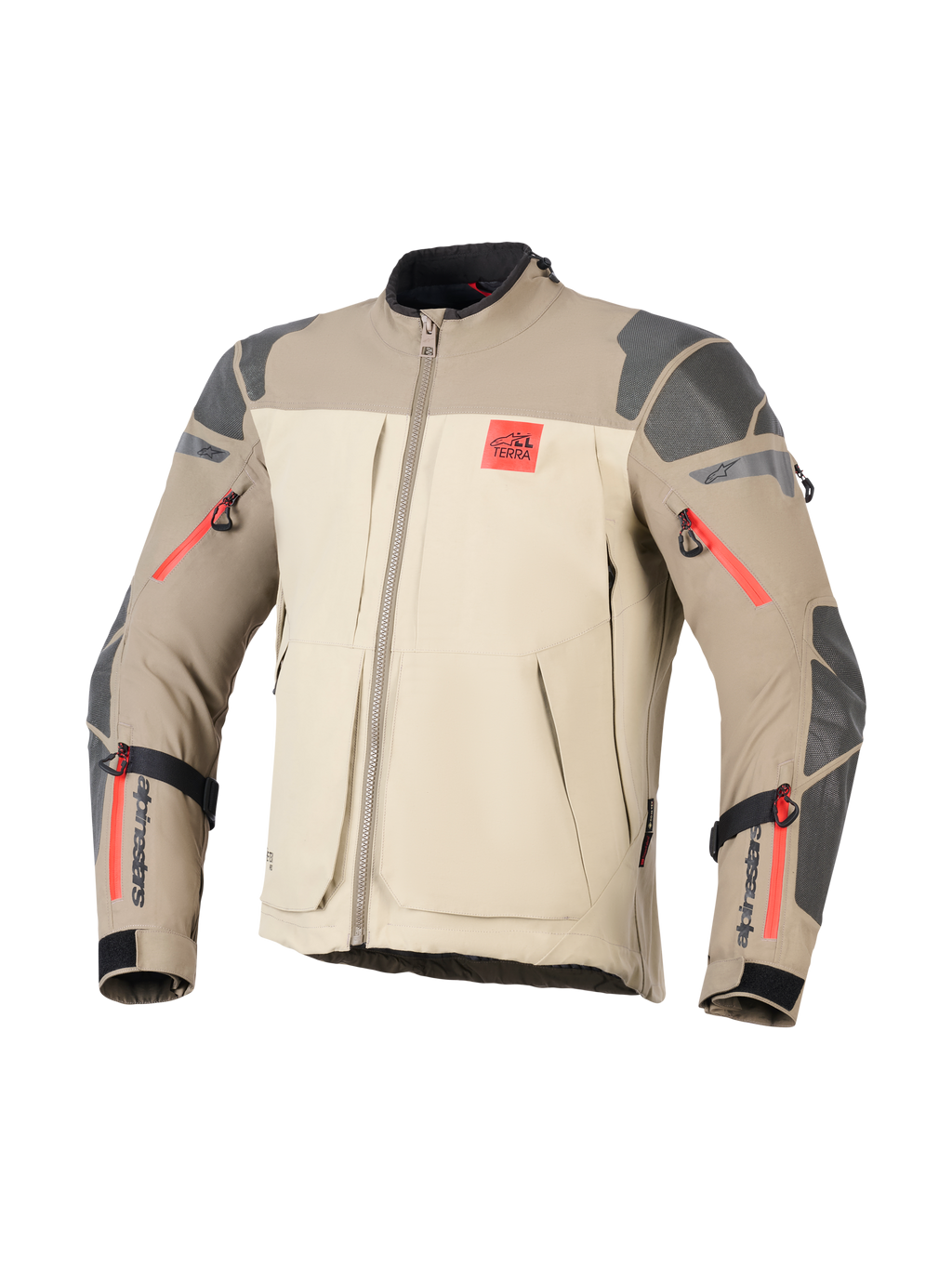Casaco Alpinestars Nazca 3L GORE-TEX PRO, Walnut Rock Brown, casaco de aventura para motociclismo, blocos de cor bege e castanho claro, reforços cinzentos texturizados nos ombros e cotovelos, detalhes de fecho de correr em vermelho vivo, logótipo 'ALL TERRA' vermelho no peito, marca Alpinestars preta nos antebraços, construção têxtil durável