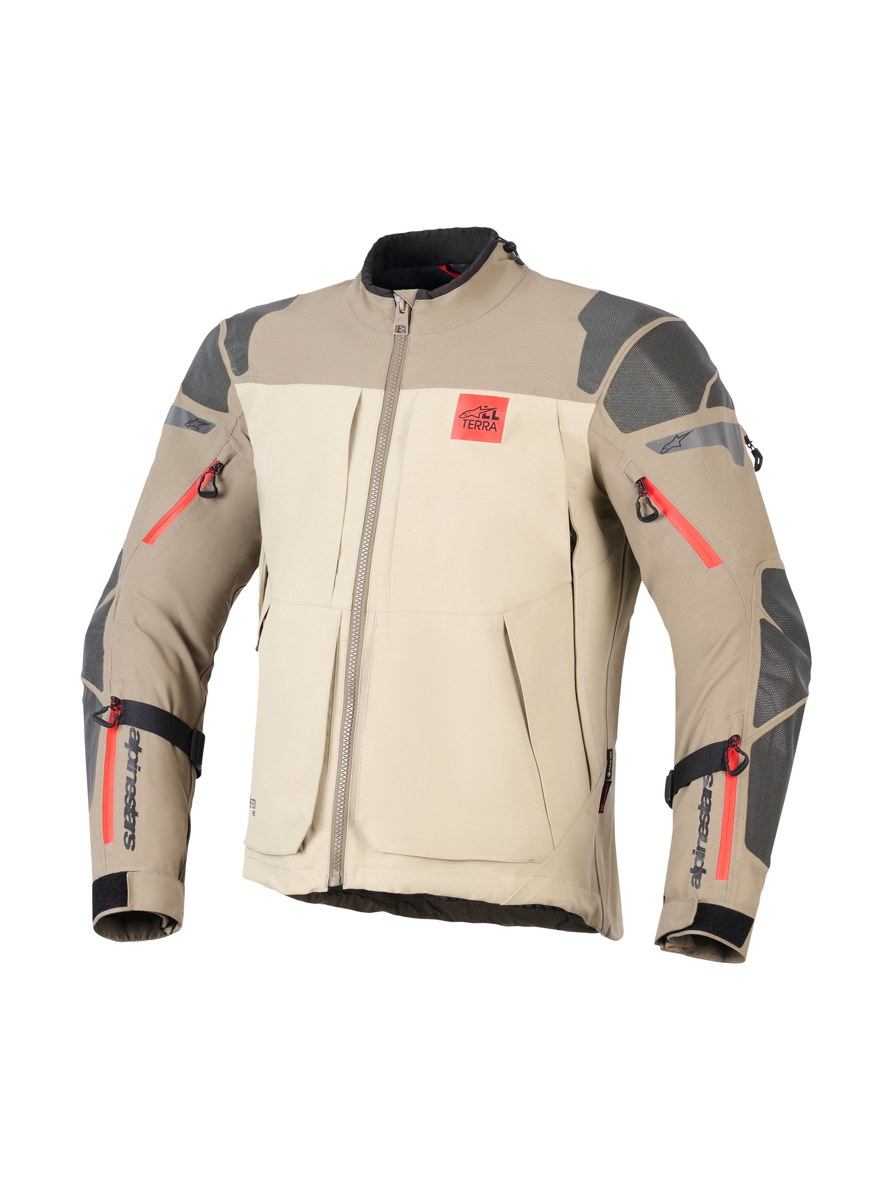 Casaco Alpinestars Nazca 3L GORE-TEX PRO, Walnut Rock Brown, casaco de aventura para motociclismo, blocos de cor bege e castanho claro, reforços cinzentos texturizados nos ombros e cotovelos, detalhes de fecho de correr em vermelho vivo, logótipo 'ALL TERRA' vermelho no peito, marca Alpinestars preta nos antebraços, construção têxtil durável