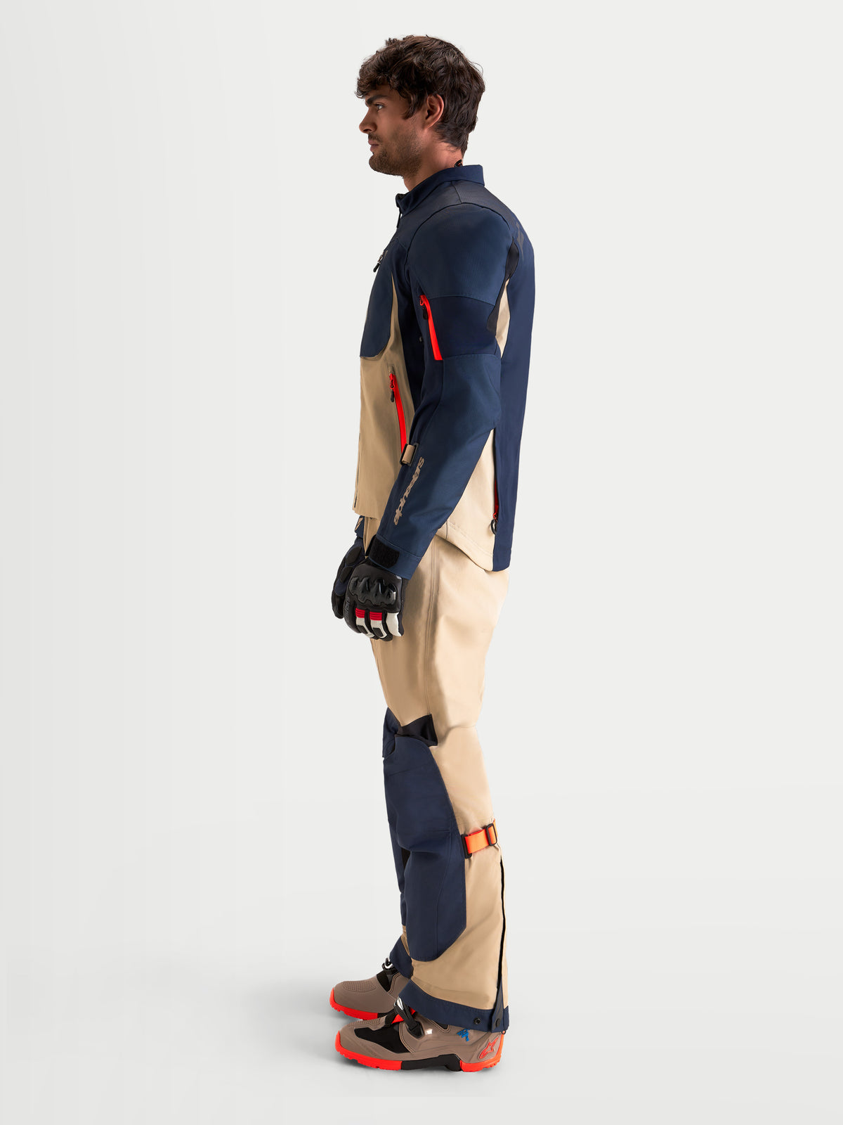 Alpinestars Arenis Gore-Tex Jacket, men's adventure touring motorcycle jacket in night navy and aluminum, side profile view showing waterproof textile construction, arm ventilation zippers, and CE armor.