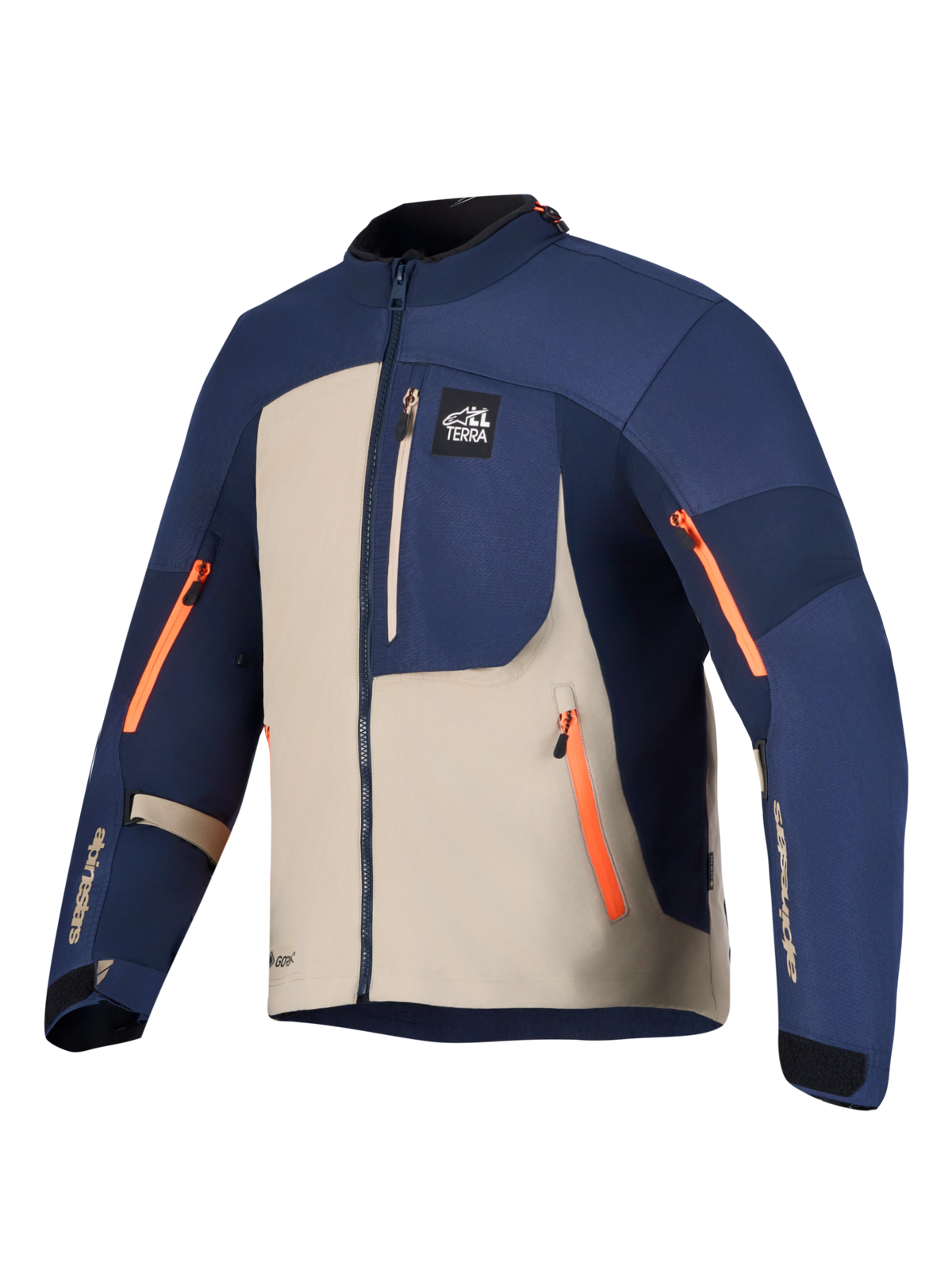 Alpinestars Arenis GORE-TEX Jacket, casaco de moto adventure touring em azul-marinho e alumínio com detalhes em fecho laranja, construção GORE-TEX impermeável, certificado CE