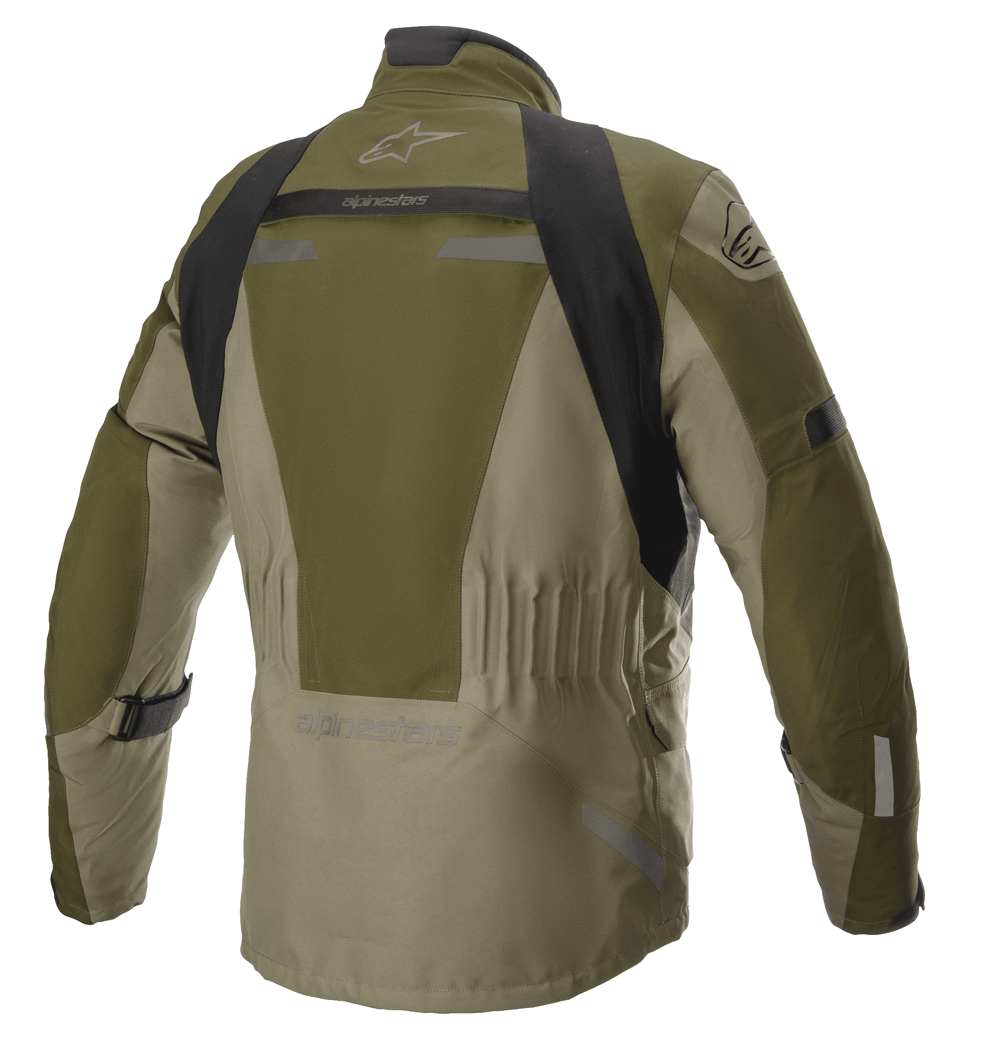 Alpinestars Altamira GORE-TEX Jacket, Forest Military Green, back view of technical motorcycle touring jacket with black shoulder panels, elasticated waist, and Alpinestars branding, featuring reflective accents and durable textile construction.