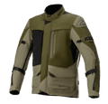 Alpinestars Altamira GORE-TEX Jacket, Motorcycle Touring Jacket, Forest Military Green and Olive with Black accents, multiple front utility pockets and zippers, adjustable arm straps, high collar, waterproof technical construction for adventure riding