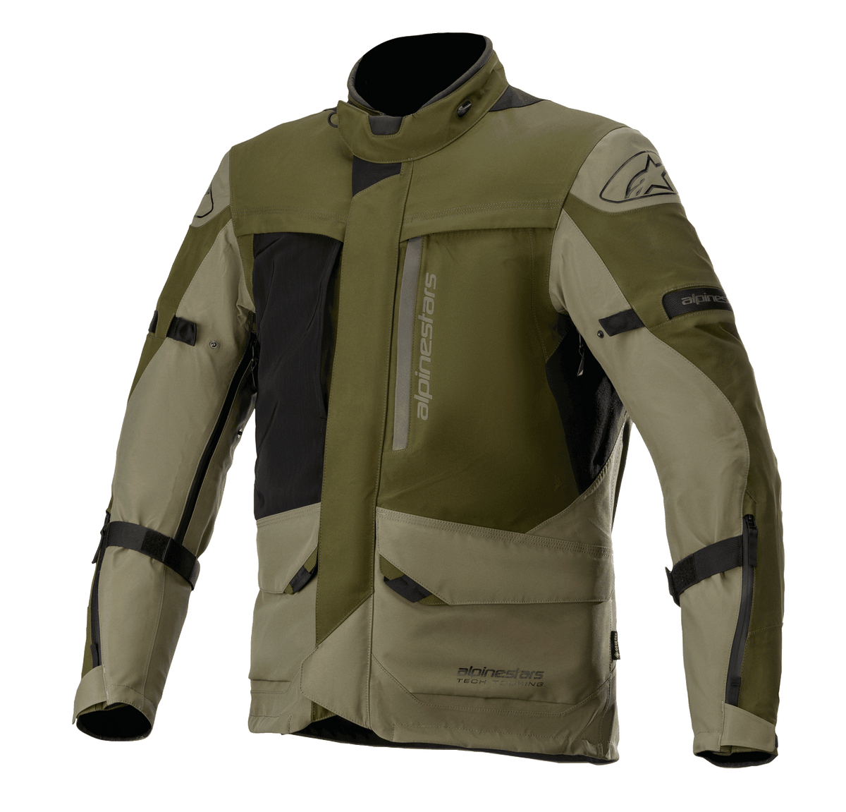 Casaco Alpinestars Altamira GORE-TEX, casaco de motociclismo para turismo, verde militar e oliva com pormenores em preto, múltiplos bolsos utilitários frontais e fechos, correias de ajuste nos braços, gola alta, construção técnica impermeável para condução de aventura