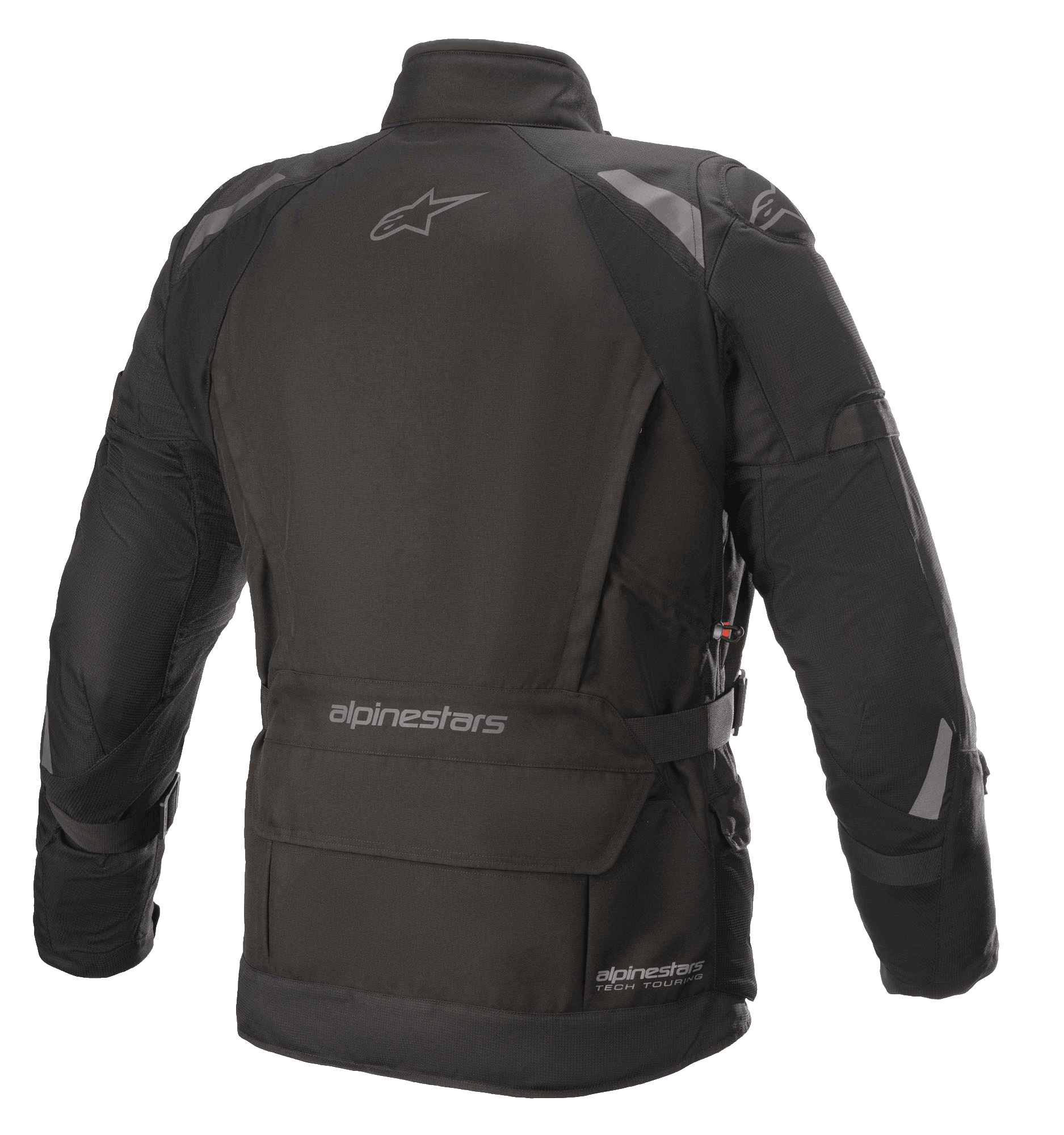 Alpinestars Ketchum GORE-TEX Jacket, jaqueta de motociclismo, preta, vista traseira com corte touring alongado, detalhes refletores nos ombros e braços, marca Alpinestars na parte superior das costas e zona inferior da cintura
