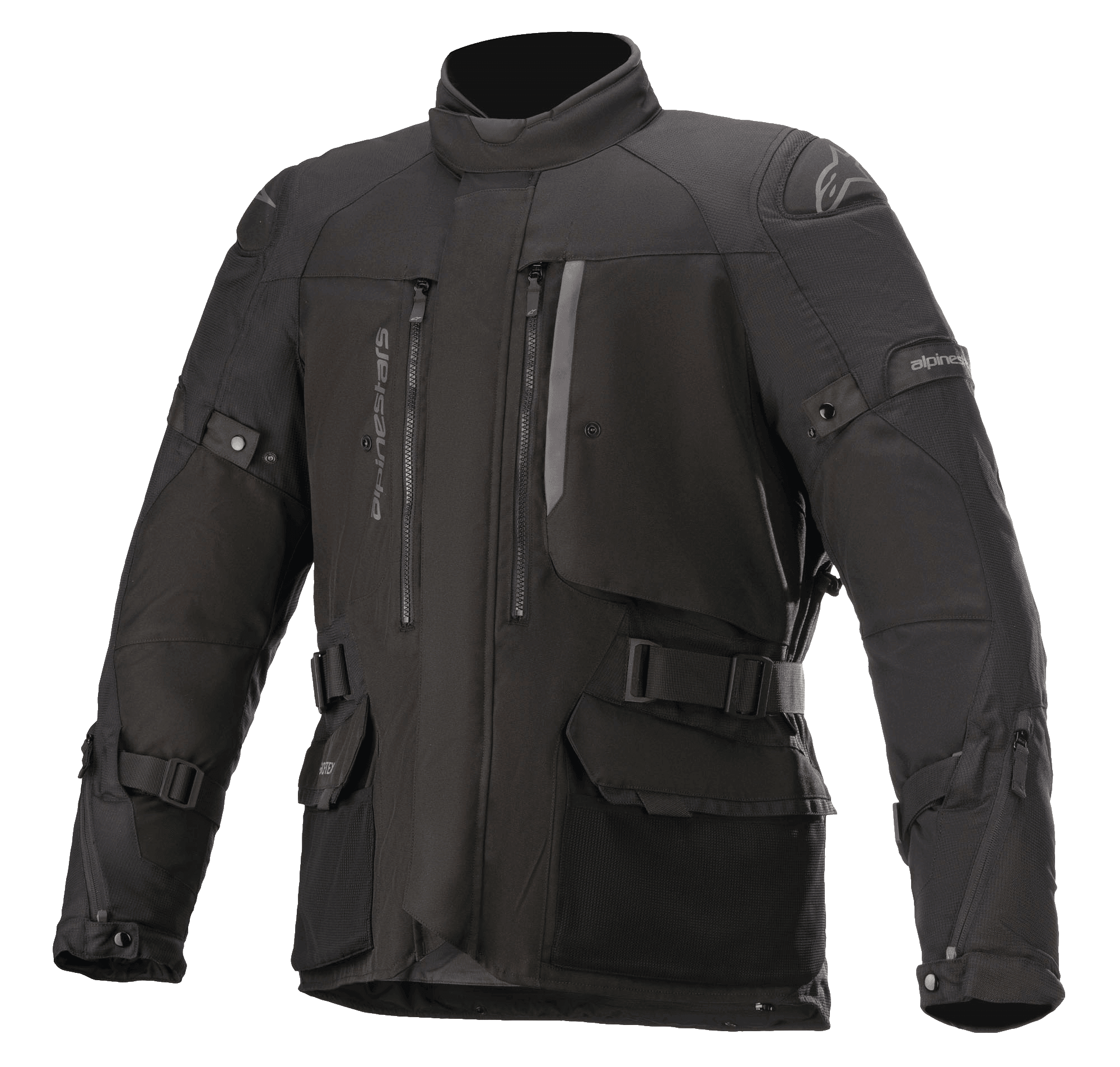 Alpinestars Ketchum GORE-TEX Jacket, Black motorcycle touring jacket, featuring a high collar, multiple zippered vents and large cargo pockets, adjustable straps on sleeves and waist, reinforced shoulder panels, and durable textile construction for adventure riding