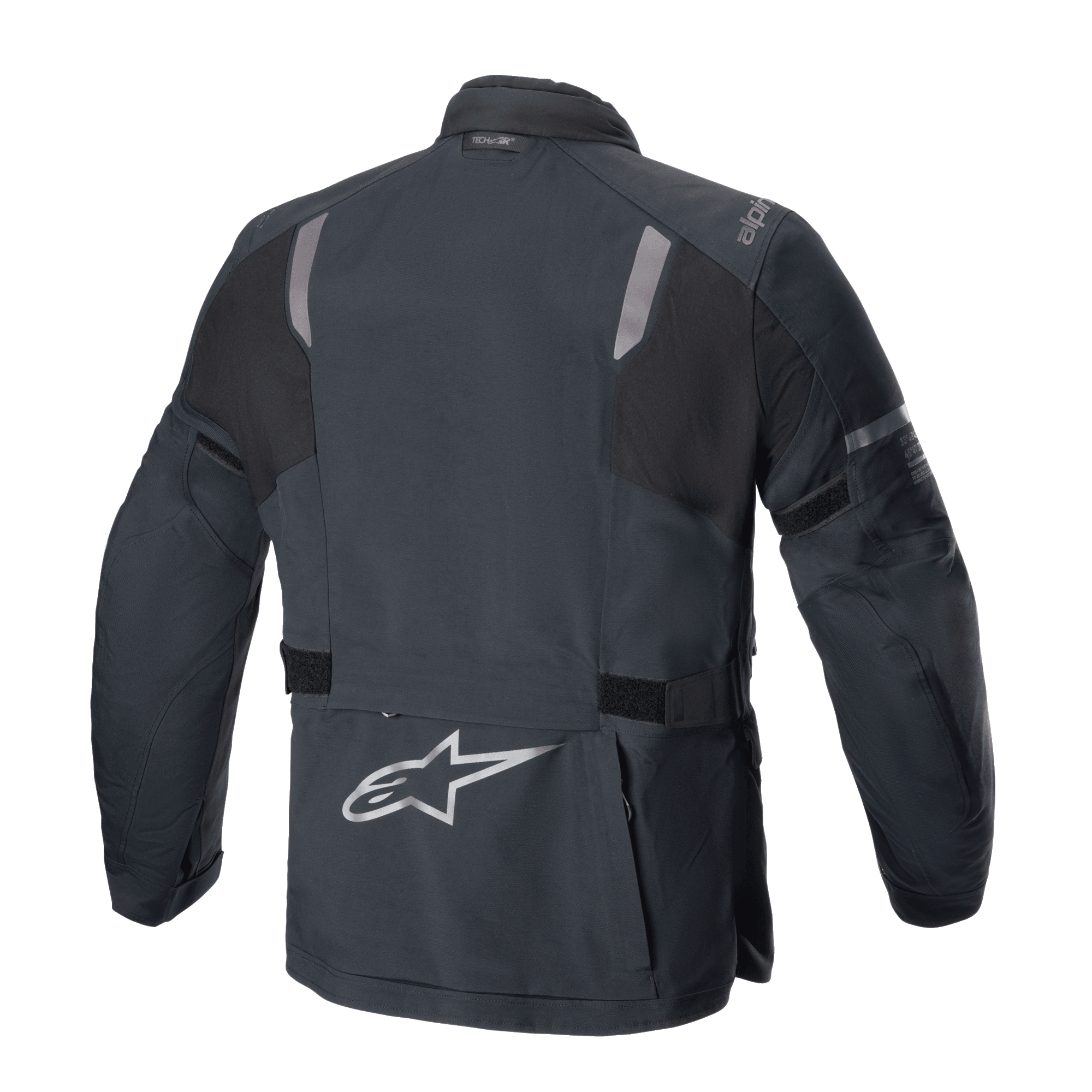 Casaco Alpinestars ST-7 2L GORE-TEX, vista traseira, preto e cinzento escuro, com painéis refletores nos ombros, logótipo da estrela Alpinestars prateado na parte inferior das costas e correias de ajuste na cintura, equipamento de motociclismo de turismo de aventura