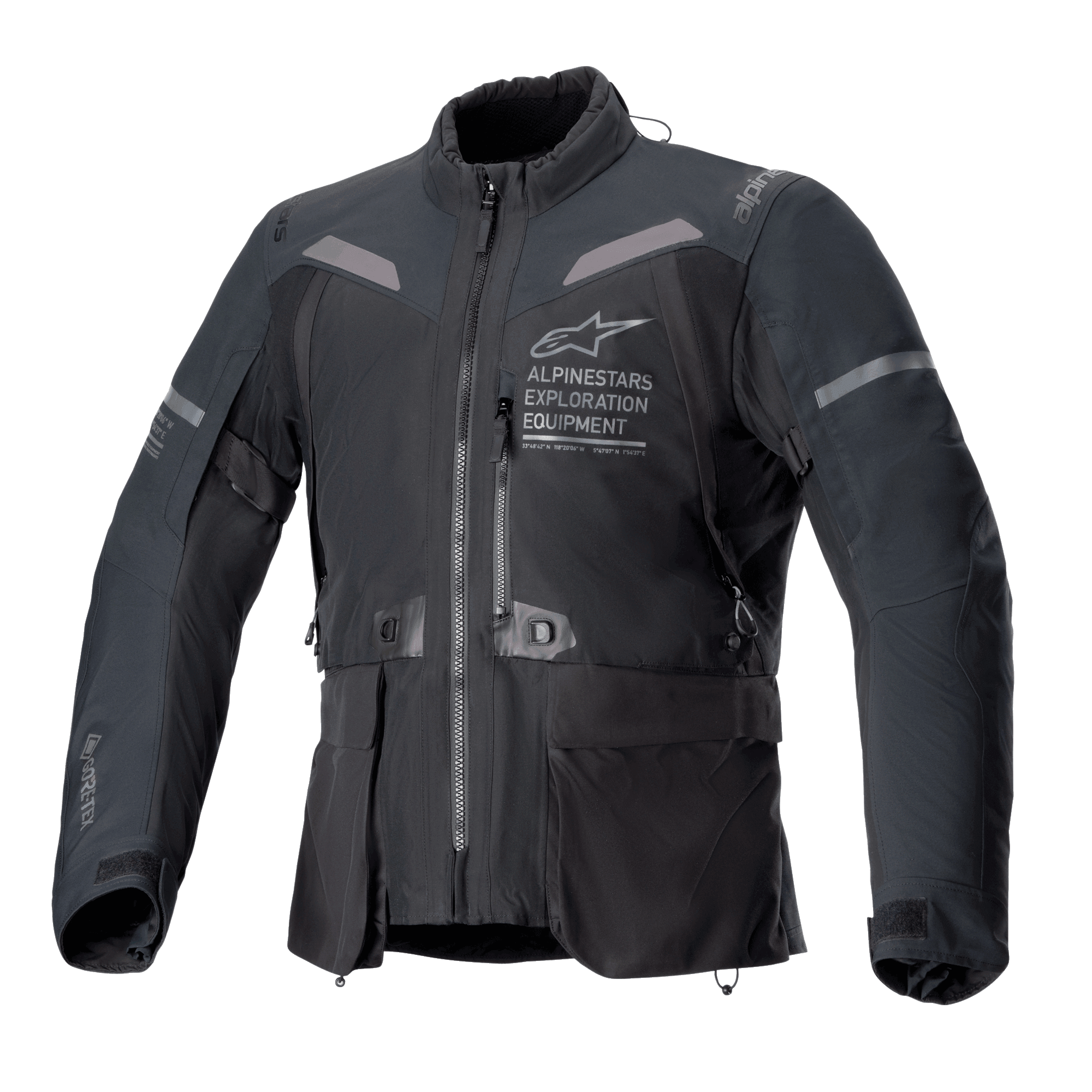 Alpinestars ST-7 2L GORE-TEX Jacket, casaco de motociclismo em preto e cinzento escuro, vista frontal com bolsos de carga grandes, detalhes refletivos nos ombros e logótipo Alpinestars Exploration Equipment no peito, equipamento de aventura e touring impermeável