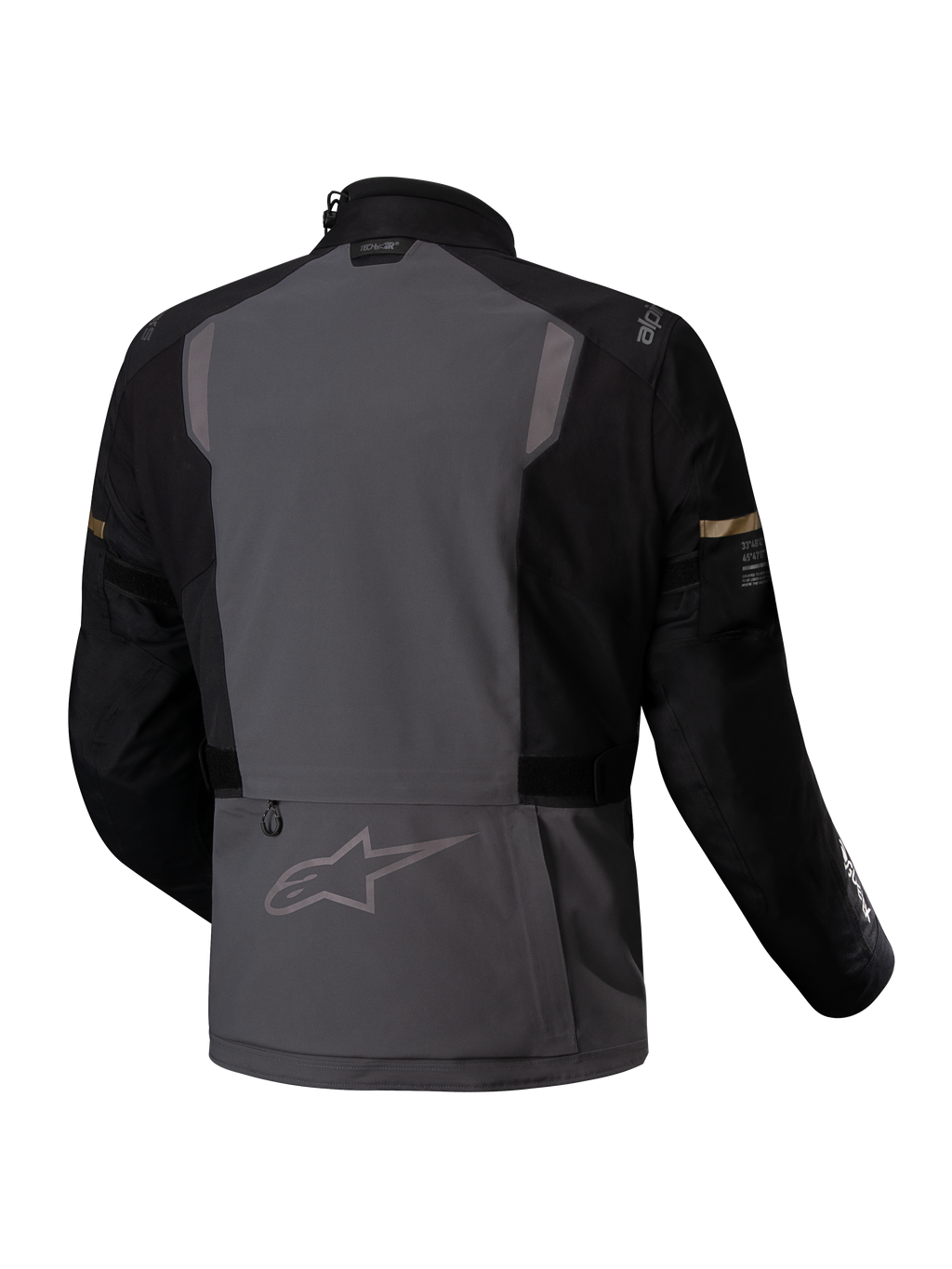 Alpinestars Jaqueta ST-7 2L GORE-TEX, casaco de moto touring para adventure, vista traseira em cinzento e preto, com detalhes refletores e certificado CE