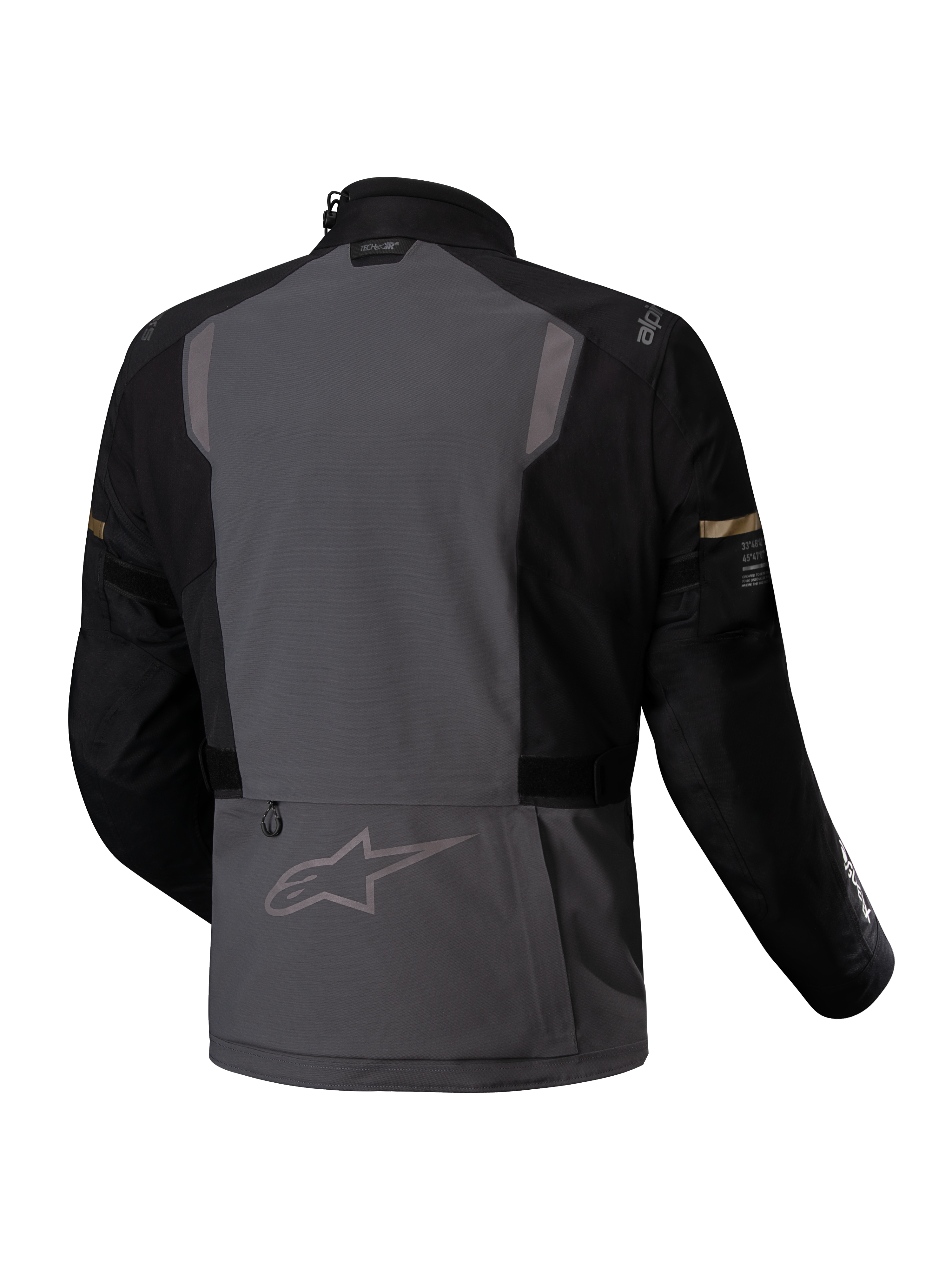 Alpinestars Jaqueta ST-7 2L GORE-TEX, casaco de moto touring para adventure, vista traseira em cinzento e preto, com detalhes refletores e certificado CE