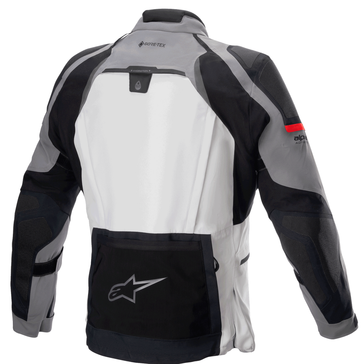 Alpinestars Boulder GORE-TEX Jacket, Rear View, Dark Gray and Ice Gray, technical adventure touring motorcycle jacket with large light gray back panel, black lower utility pocket featuring the Alpinestars star logo, GORE-TEX branding on the upper back, and durable multi-fabric construction.