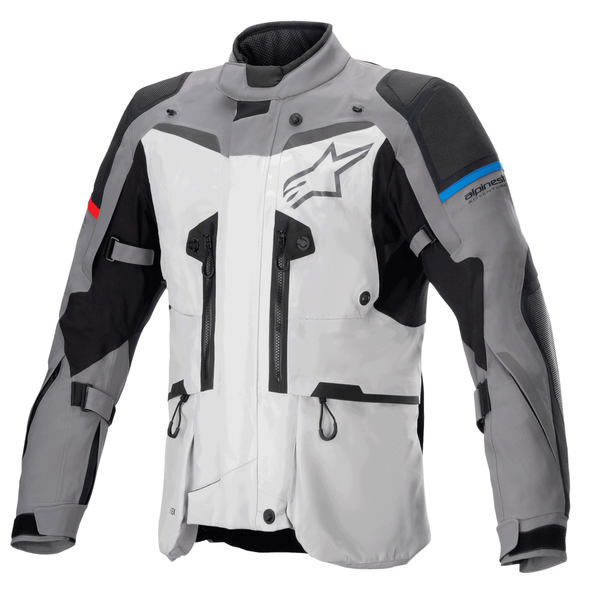 Casaco Alpinestars Boulder GORE-TEX, casaco de motociclismo para adventure touring, cinzento escuro e cinzento gelo, com múltiplos fechos de ventilação, painéis reforçados nos ombros e cotovelos com pormenores em azul e vermelho, logótipo Alpinestars de grandes dimensões no peito, equipamento técnico impermeável de alto desempenho