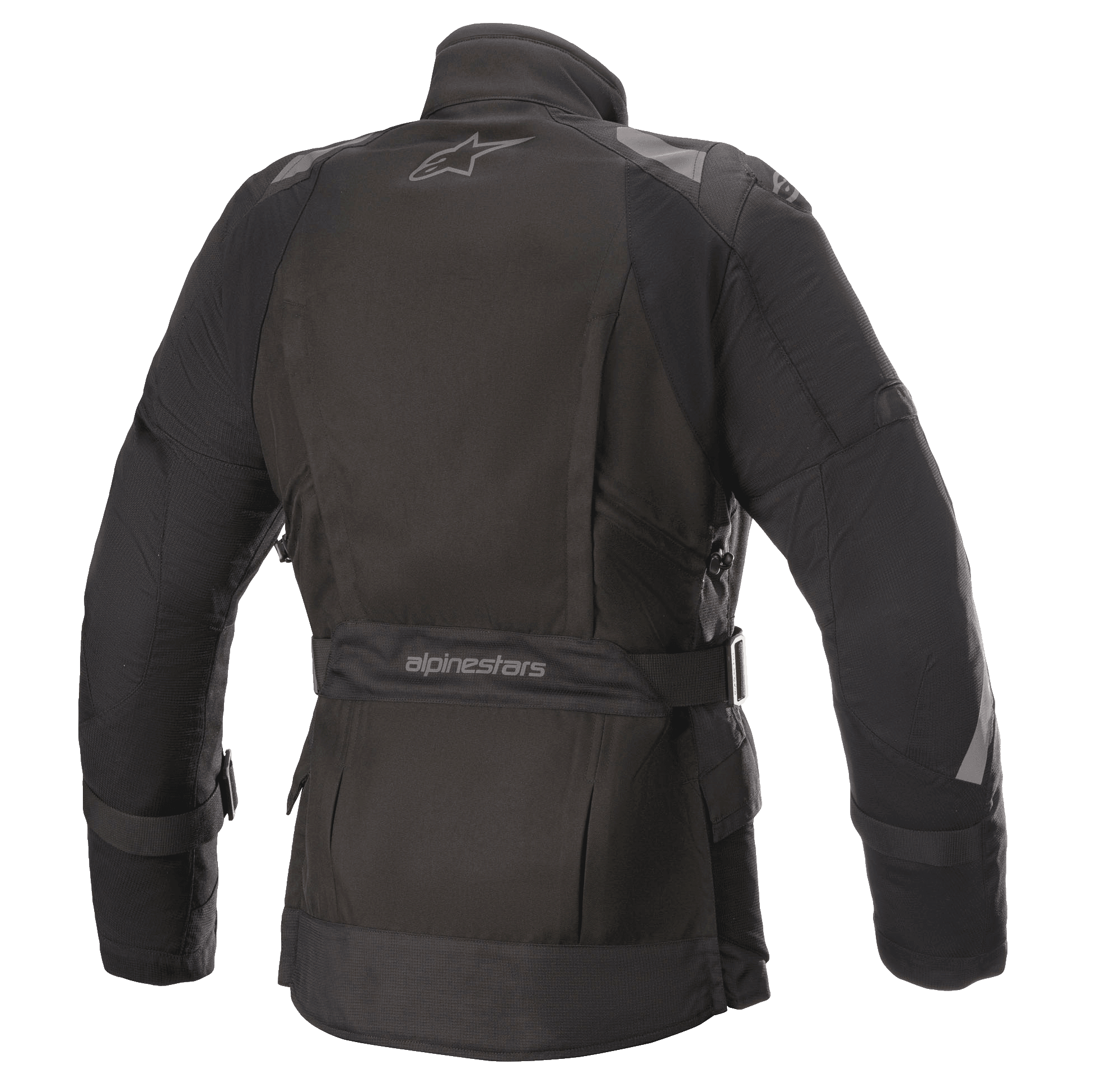 Alpinestars Women Stella Ketchum GORE-TEX Jacket, Textile Motorcycle Jacket, Black, back view featuring the Alpinestars logo, adjustable waist strap with branding, and reflective shoulder and sleeve panels for rider visibility.