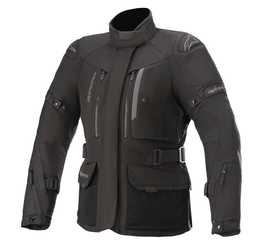 Alpinestars Women Stella Ketchum GORE-TEX Jacket, Black Motorcycle Touring Jacket, Waterproof and breathable textile construction, high collar with zippered chest vents, adjustable waist and arm straps, durable fabric with reinforced shoulder protection