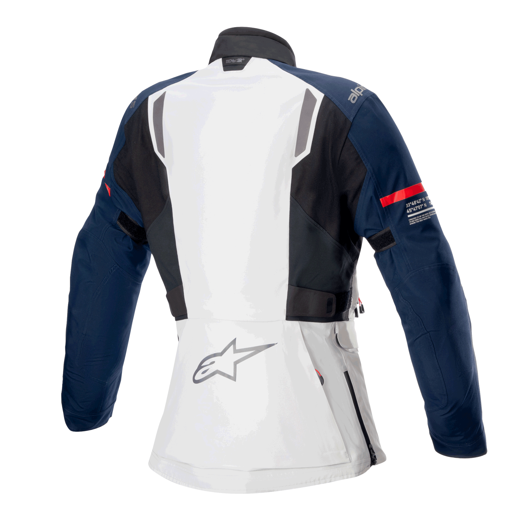 Alpinestars Women Stella ST-7 2L GORE-TEX Jacket, back view, Ice Gray Dark Blue and Black, featuring red stripe on the sleeve and Alpinestars logo, adventure touring motorcycle gear