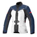 Alpinestars Women Stella ST-7 2L GORE-TEX Jacket, Motorcycle Touring Jacket, Ice Gray Dark Blue and Black with Red Accents, features front cargo pockets, adjustable arm straps, high collar, and laminated waterproof construction for adventure touring