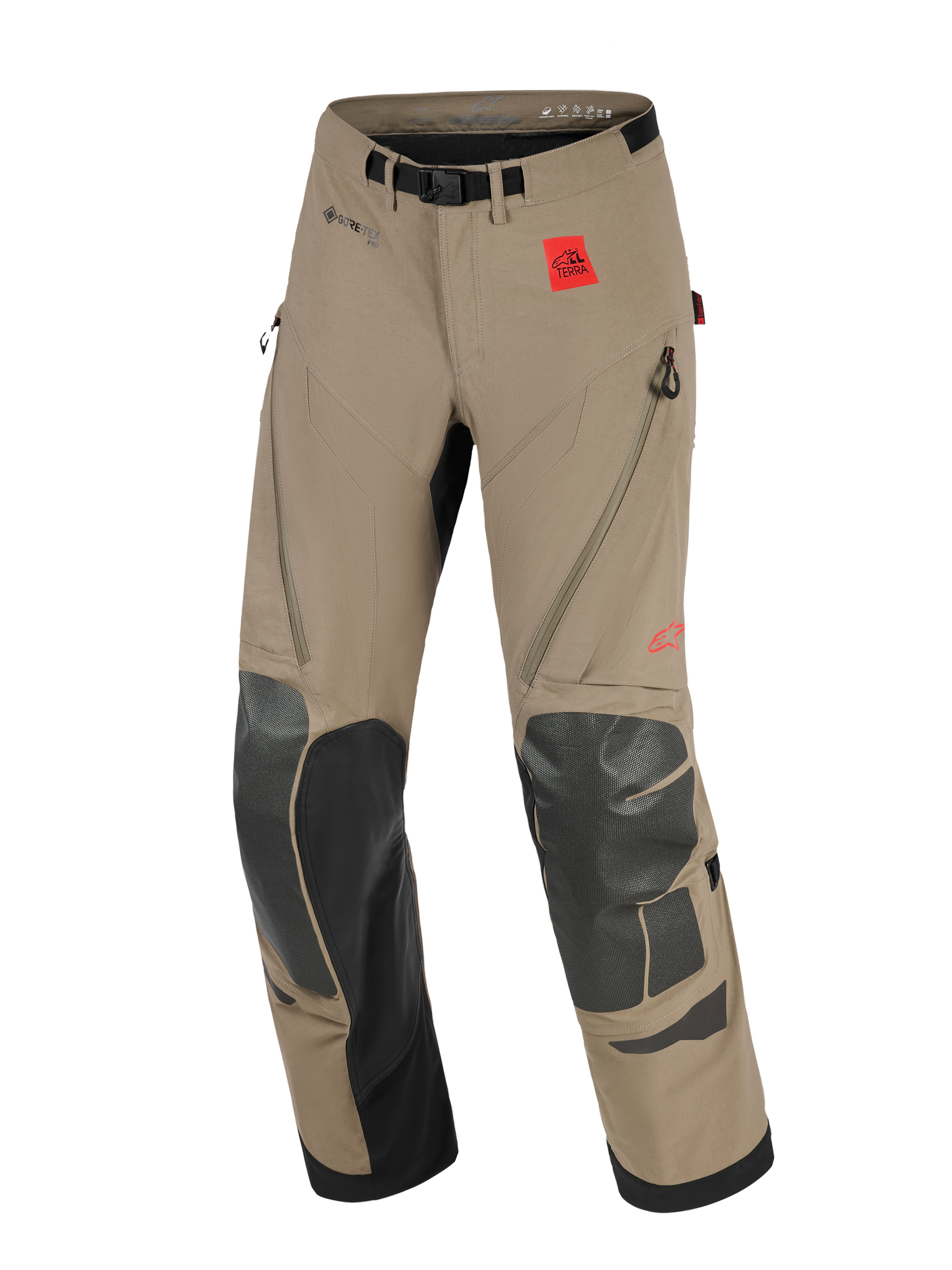 Calças Alpinestars Nazca 3L GORE-TEX PRO, calças de motociclismo de aventura, cor nogueira e preto, com um emblema vermelho do logótipo All Terra, marca GORE-TEX PRO, reforços pretos em Superfabric nos joelhos e canelas, ventilação nas coxas com fecho de correr e cinto integrado com fivela magnética.