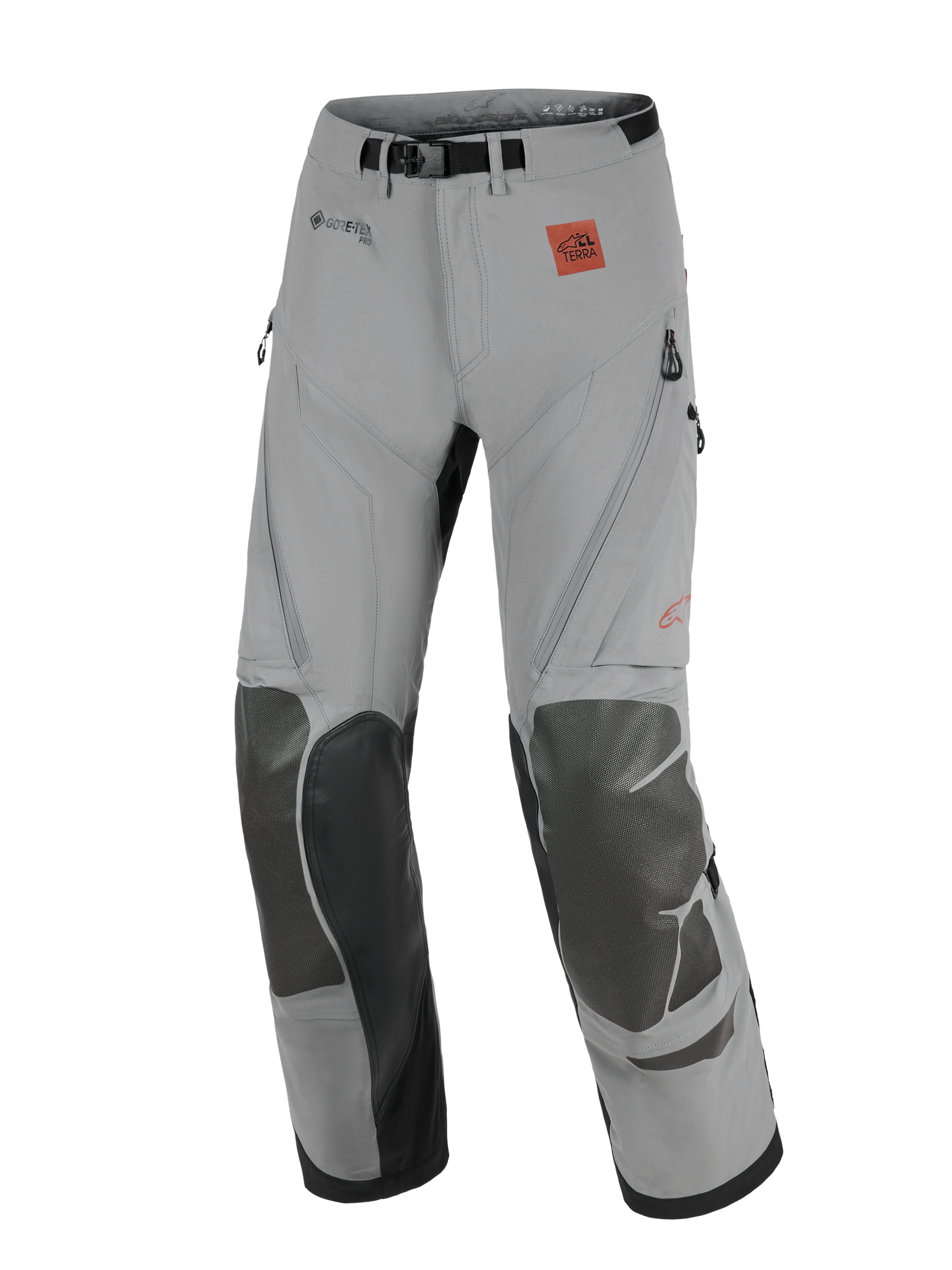 Alpinestars Nazca 3L GORE-TEX PRO Pants, adventure motorcycle pants, Dark Gray and Black, featuring reinforced knee panels, GORE-TEX PRO branding, and All Terra logo, technical design for off-road and touring