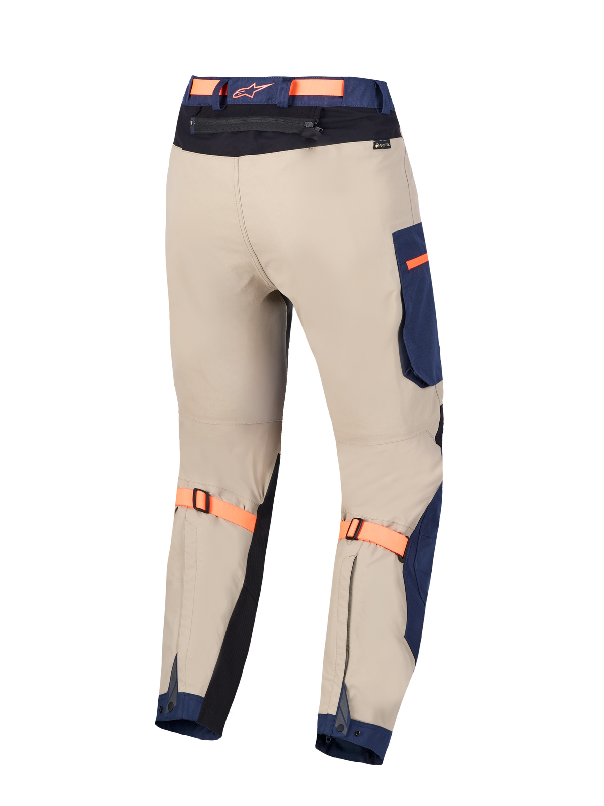 Alpinestars Arenis Gore-Tex, calças de moto touring adventure, azul e bege, vista traseira, construção impermeável 2L GORE-TEX e certificação CE
