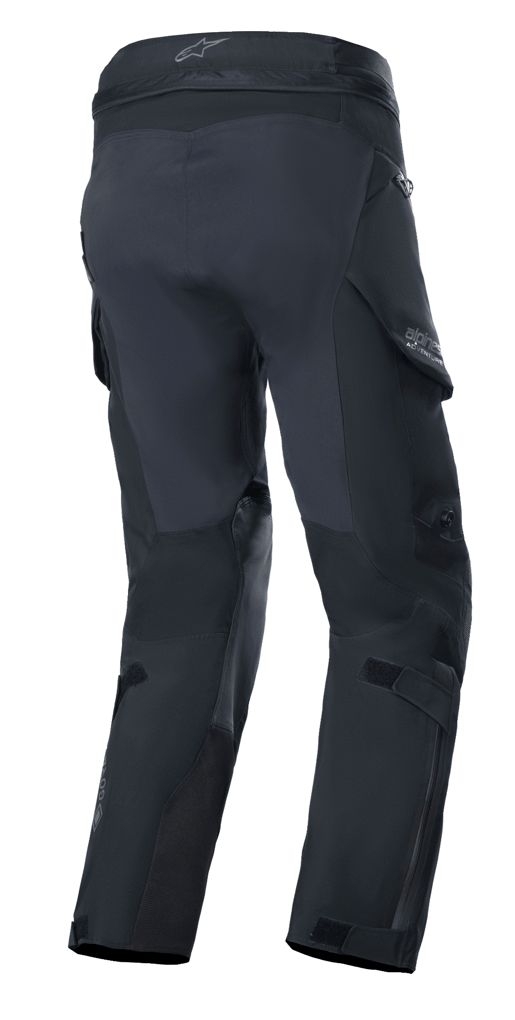 Alpinestars Boulder 3L GORE-TEX Pants, Adventure Motorcycle Pants, Black, rear view showing reinforced seat and inner leg panels, featuring waterproof cargo pockets, GORE-TEX branding on lower leg, and durable laminated construction.