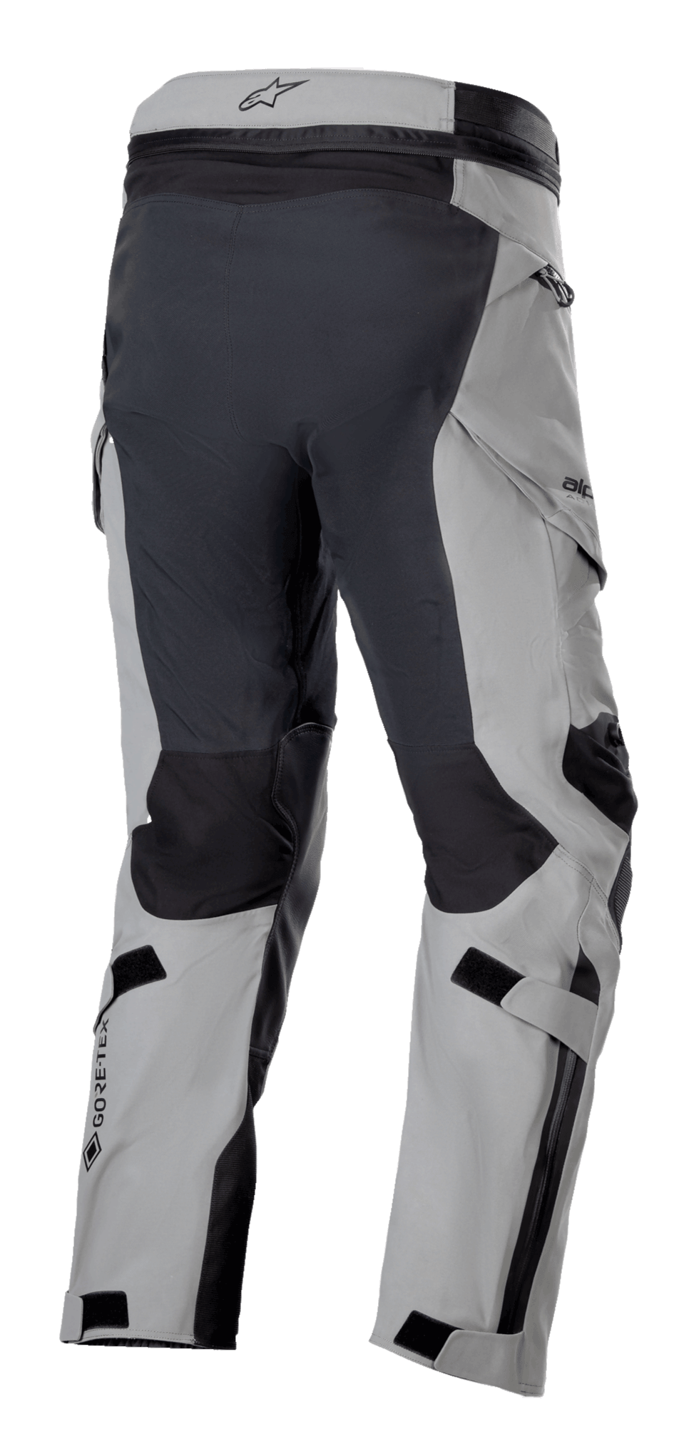 Alpinestars Boulder 3L GORE-TEX Pants, Adventure Motorcycle Pants, Dark Gray and Black, rear three-quarter view showing reinforced seat and inner legs, light gray panels, GORE-TEX logo on calf, and ergonomic cargo pockets.