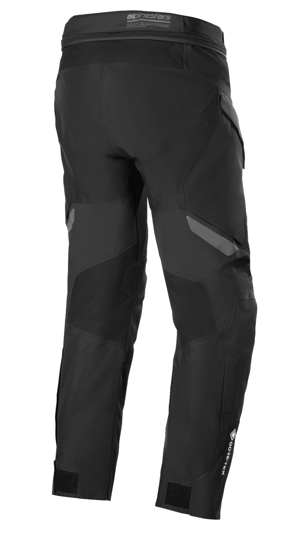Calças Alpinestars ST-7 2L GORE-TEX, preto e cinzento escuro, vista traseira, calças impermeáveis de motociclismo para turismo de aventura com painéis reforçados, logótipo GORE-TEX na parte inferior da perna e tiras de ajuste nos tornozelos