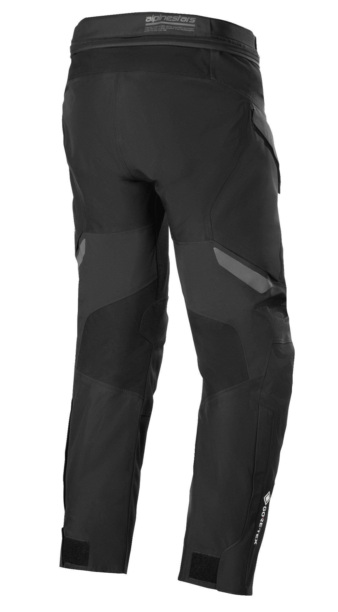 Calças Alpinestars ST-7 2L GORE-TEX, preto e cinzento escuro, vista traseira, calças impermeáveis de motociclismo para turismo de aventura com painéis reforçados, logótipo GORE-TEX na parte inferior da perna e tiras de ajuste nos tornozelos