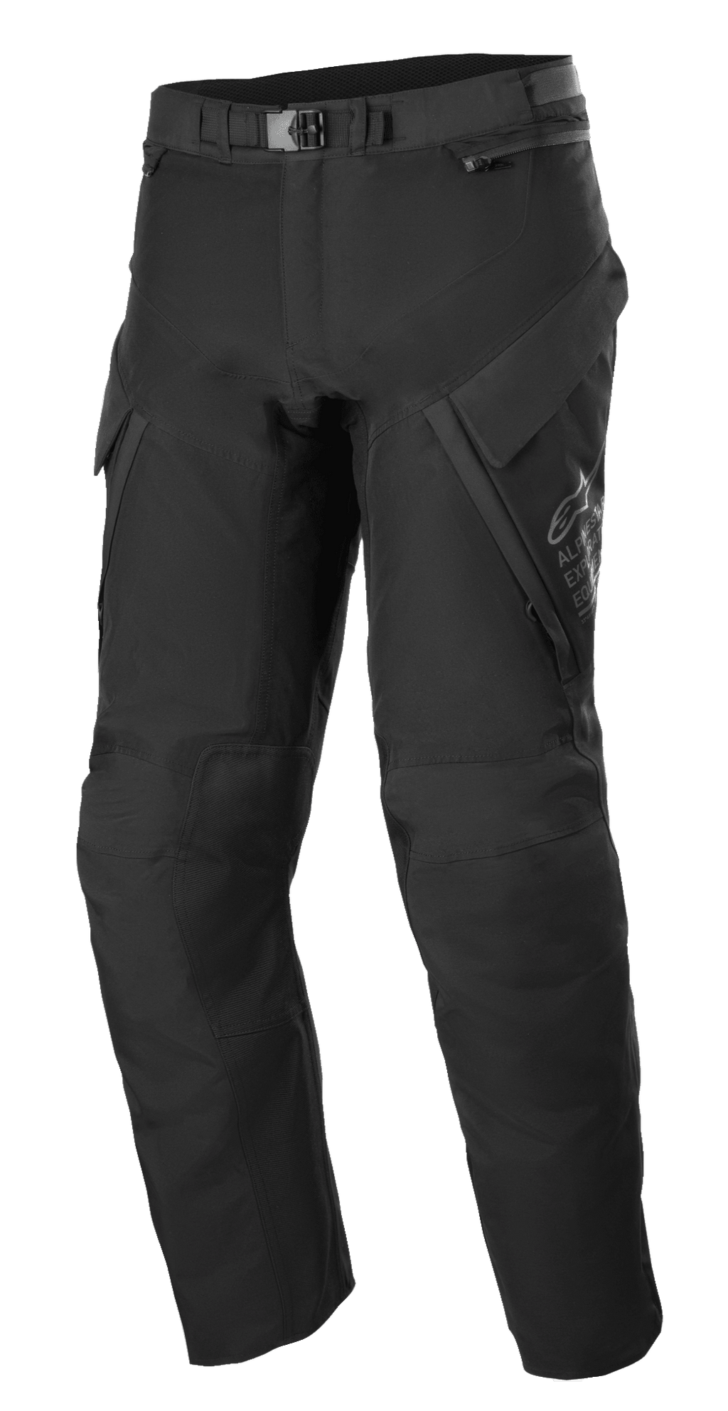 Alpinestars ST-7 2L GORE-TEX Pants, calças de turismo de aventura, pretas e cinzento escuro, com grandes bolsos de carga, fecho de fivela magnética na cintura, secções reforçadas nos joelhos e construção têxtil técnica para proteção em todas as condições climatéricas