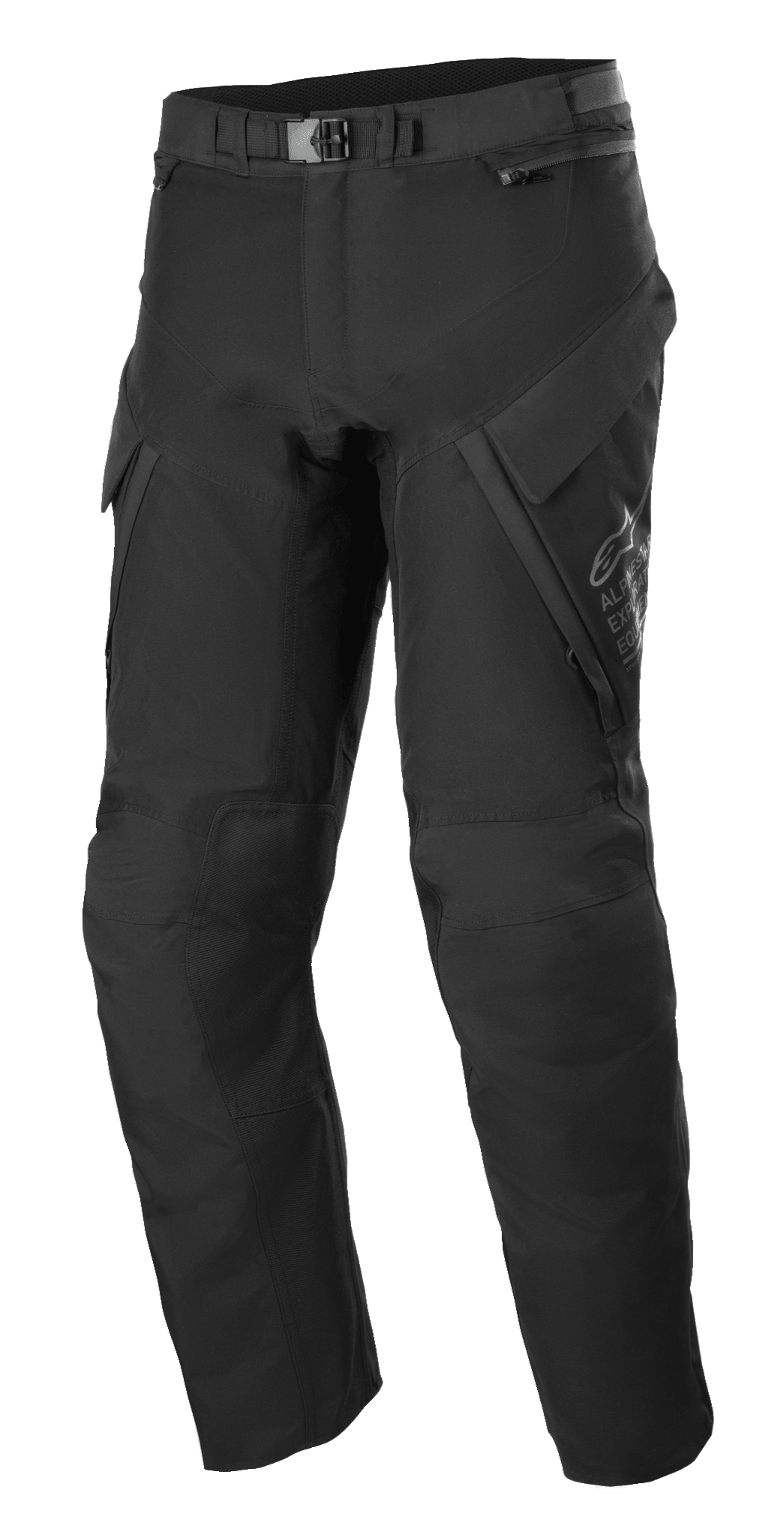 Alpinestars ST-7 2L GORE-TEX Pants, calças de turismo de aventura, pretas e cinzento escuro, com grandes bolsos de carga, fecho de fivela magnética na cintura, secções reforçadas nos joelhos e construção têxtil técnica para proteção em todas as condições climatéricas