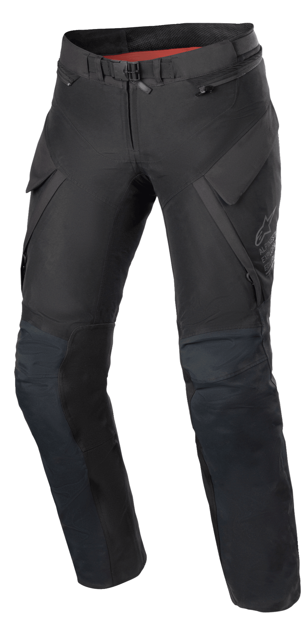 Calças Alpinestars Stella ST-7 2L GORE-TEX Femininas, calças de motociclismo para turismo de aventura, pretas e cinzento escuro, vista frontal com bolsos de carga, fivela magnética na cintura, joelhos articulados com posicionamento de proteção e logótipo Alpinestars discreto na coxa.