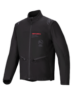 Alpinestars Lite-Dura Softshell Jacket, Black, Enduro Off-Road Motorcycle Jacket, featuring red Alpinestars branding and AS ASTARS logo on the chest, zippered hand pockets, and windproof softshell construction.