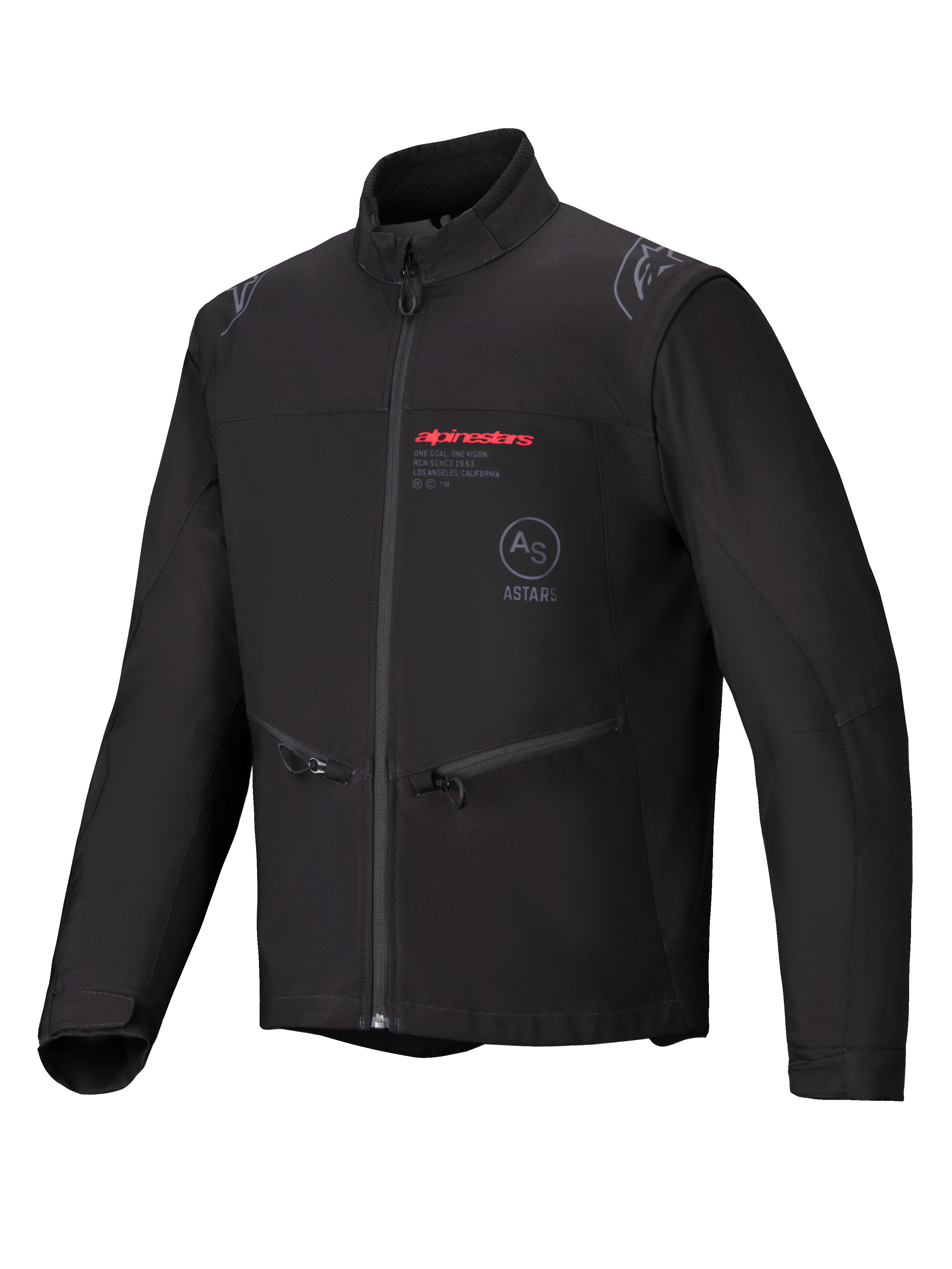 Alpinestars Lite-Dura Softshell Jacket, Black, Enduro Off-Road Motorcycle Jacket, featuring red Alpinestars branding and AS ASTARS logo on the chest, zippered hand pockets, and windproof softshell construction.