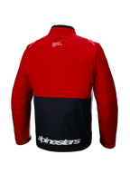 Alpinestars Lite-Dura Softshell Jacket, Back View, Off-Road Enduro Jacket, Black and Bright Red with White accents, bold white Alpinestars wordmark across the lower back, color-blocked design, functional rear storage pocket, modular softshell for motocross and trail riding.
